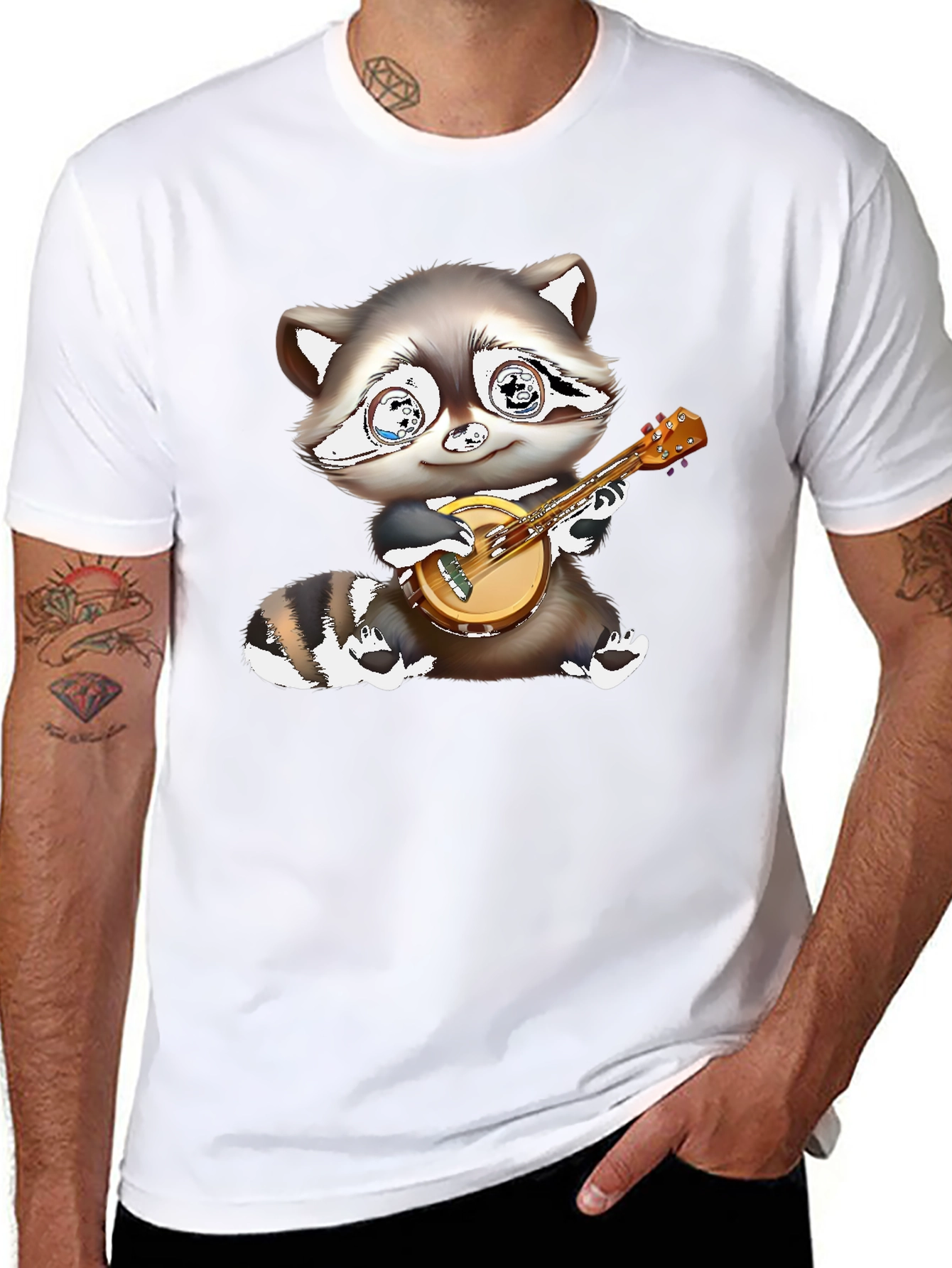 Raccoon Banjo Player Graphic Tee - Black Cotton Blend