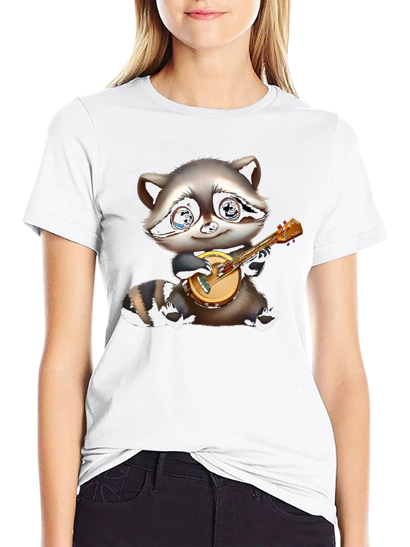 Raccoon Banjo Player Graphic Tee - Black Cotton Blend