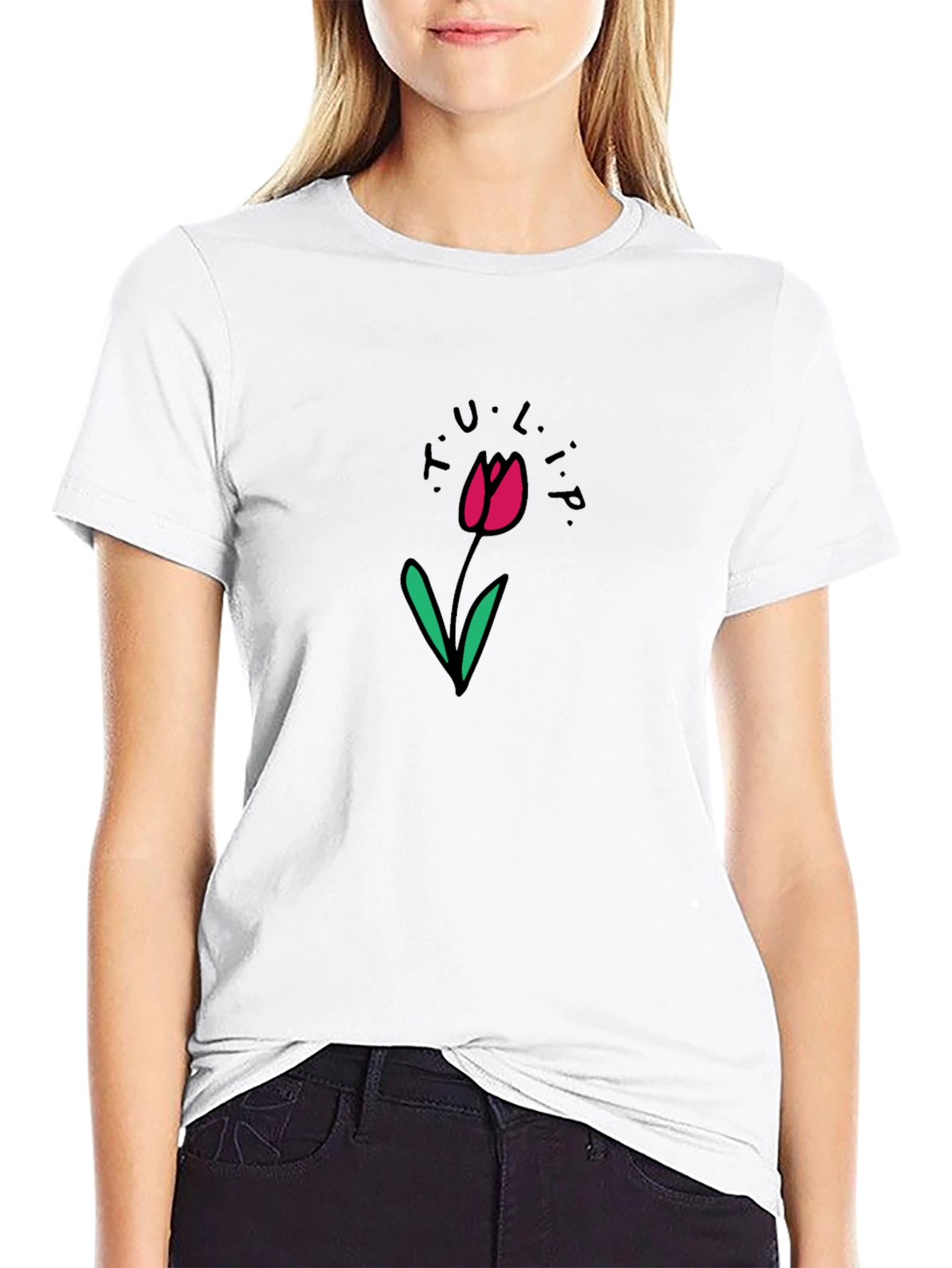Black T-Shirt with Tulip Flower Design
