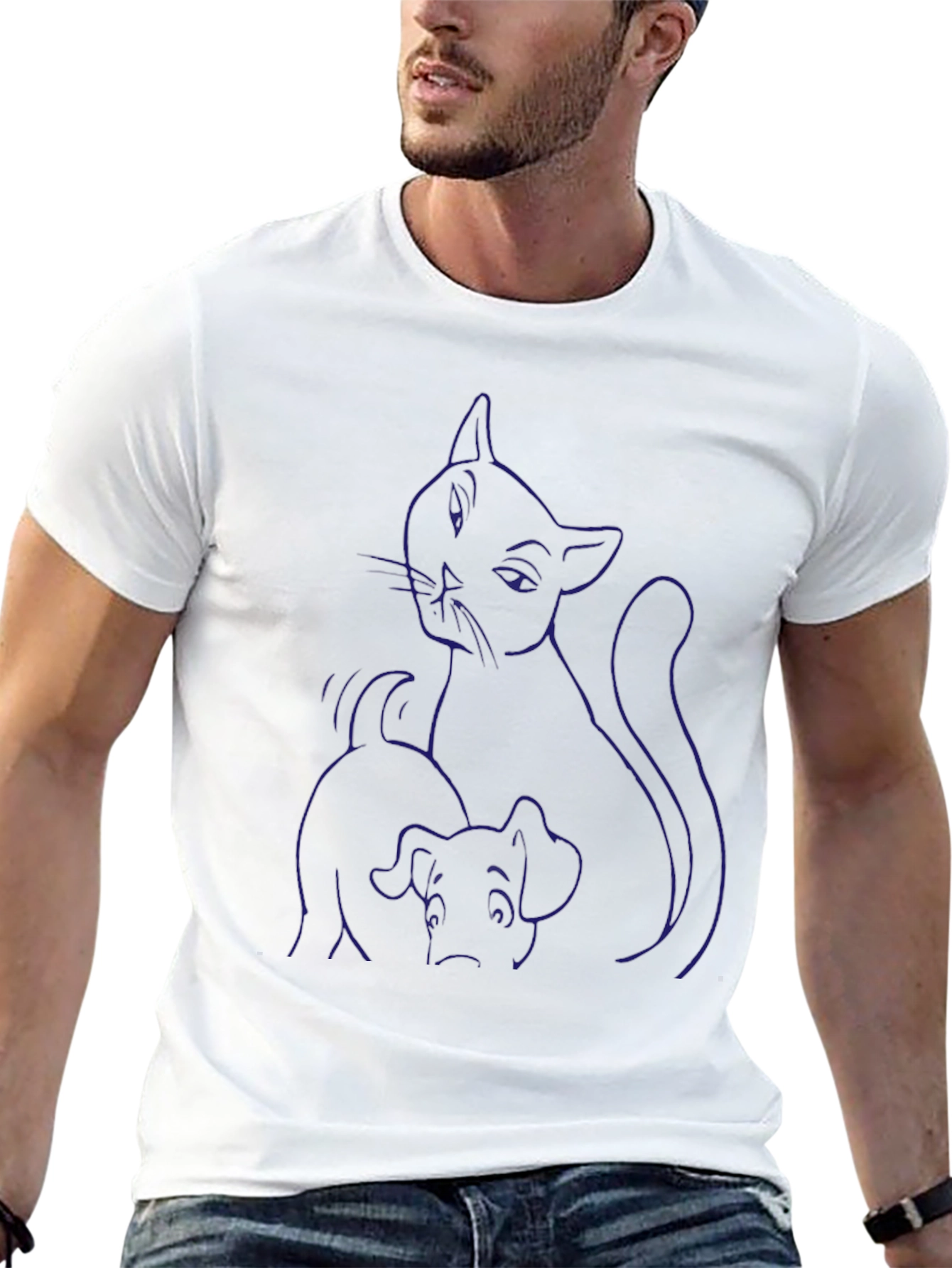 Cat and Dog Graphic Print Black T-Shirt