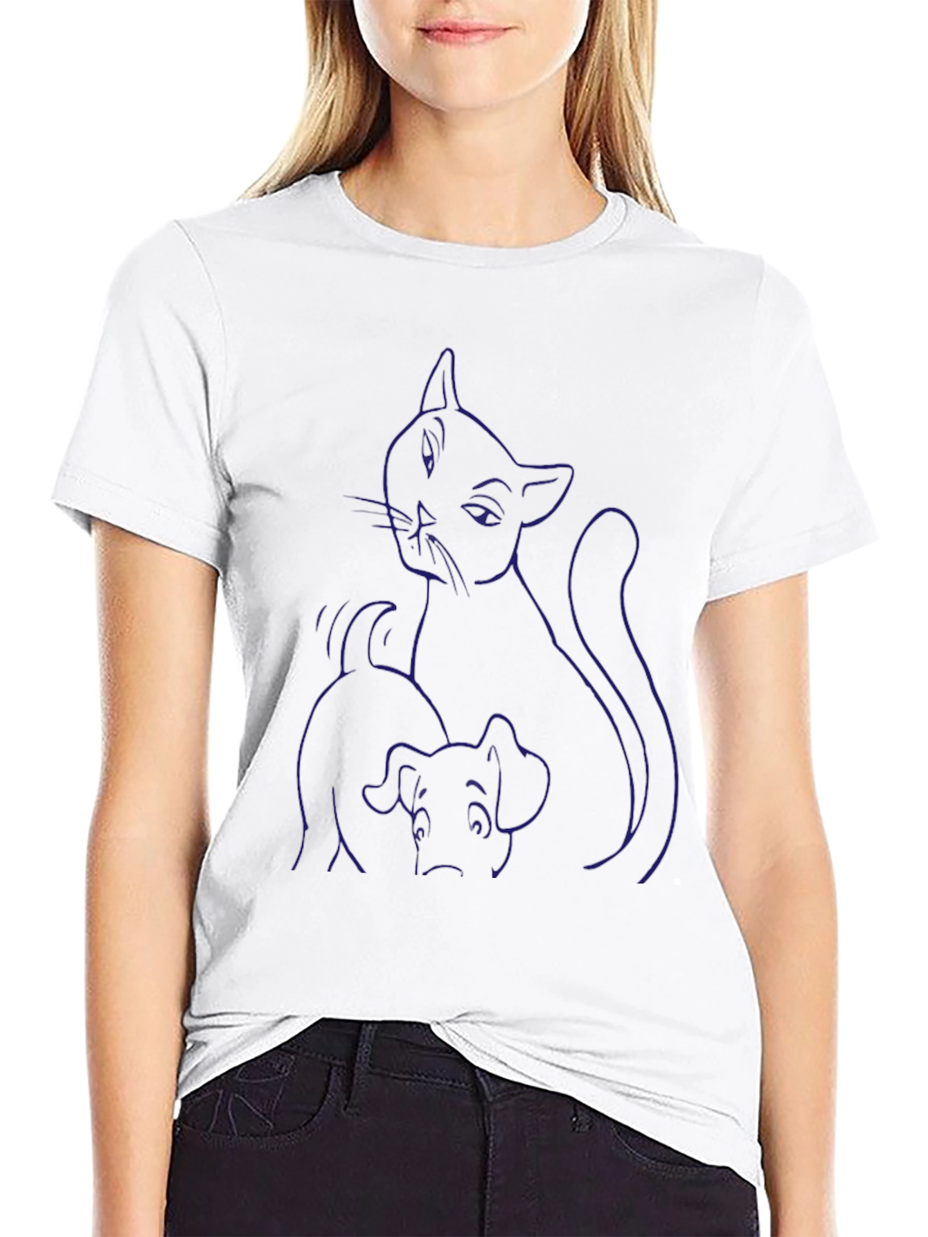 Cat and Dog Graphic Print Black T-Shirt