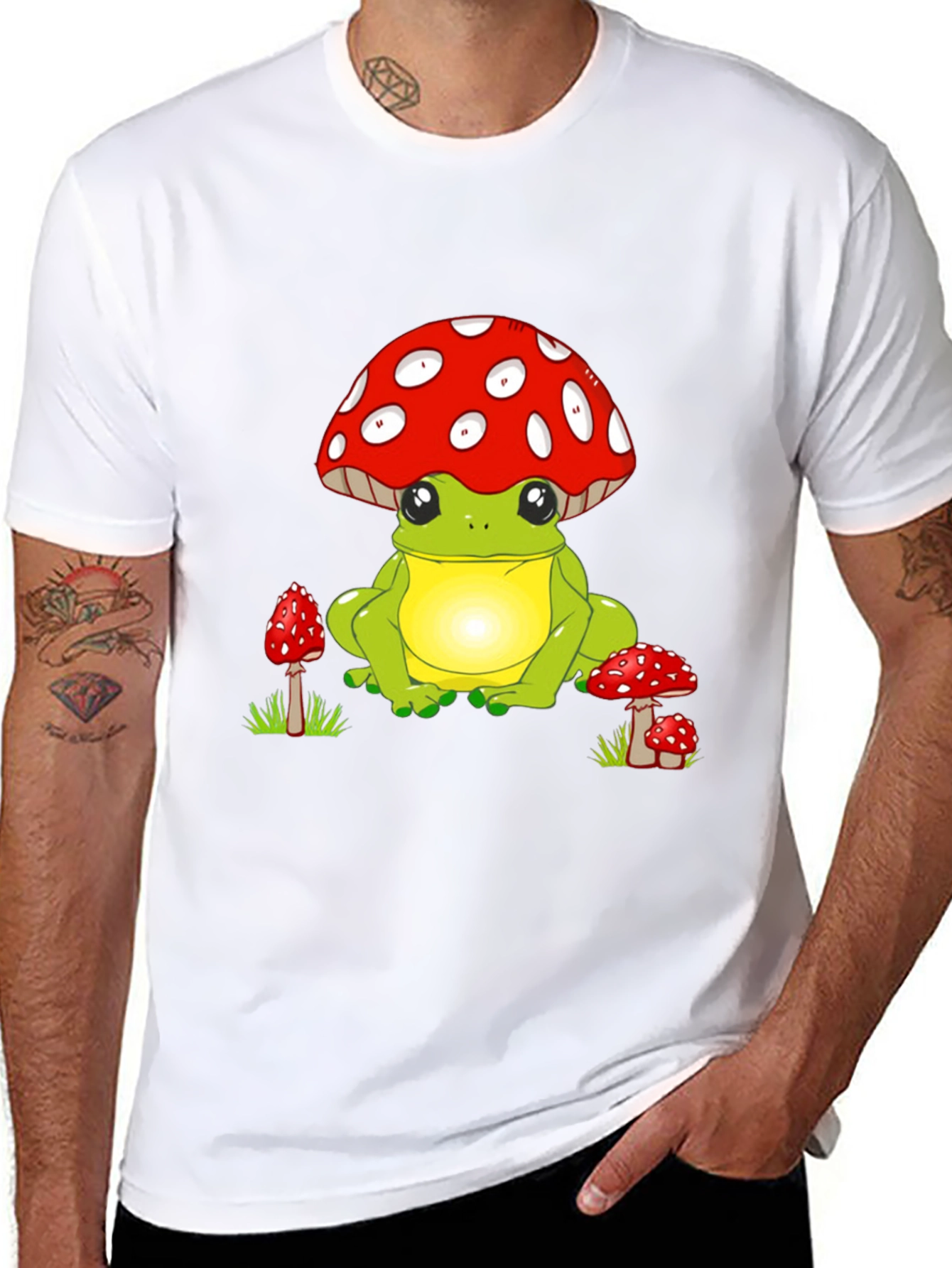 Frog with Mushroom Hat Black T-Shirt