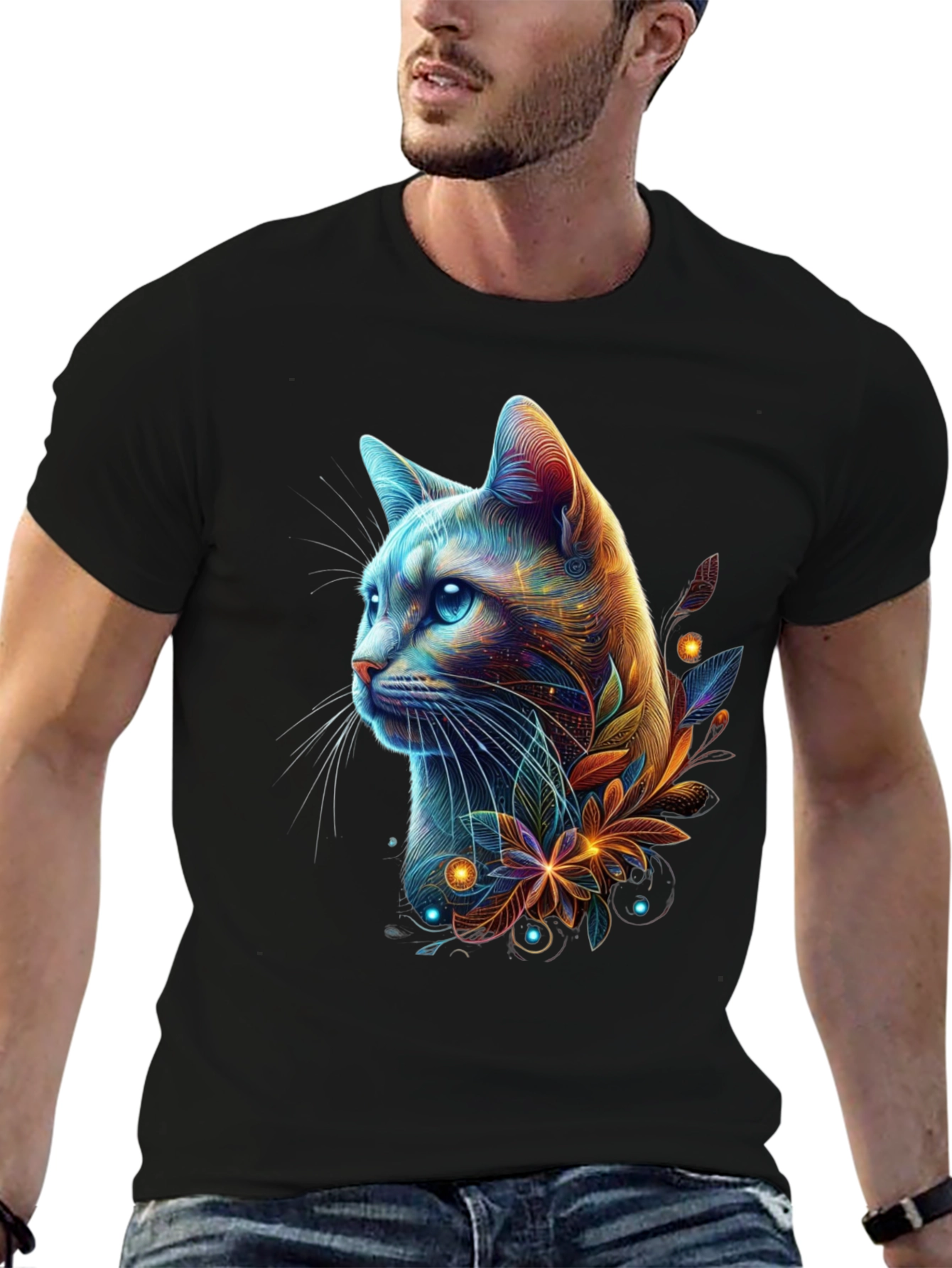 Neon Cat Graphic Tee - Mens Black T-Shirt