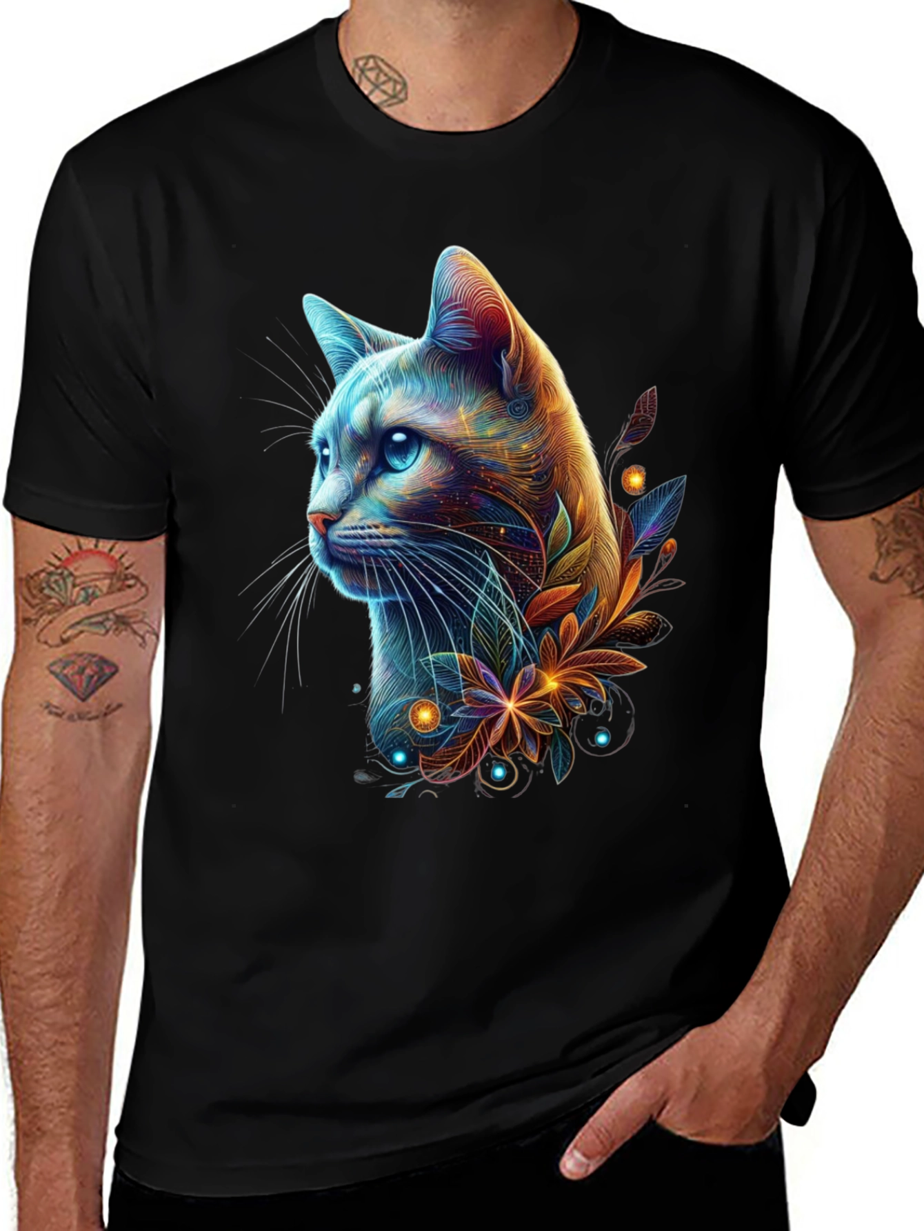 Neon Cat Graphic Tee - Mens Black T-Shirt