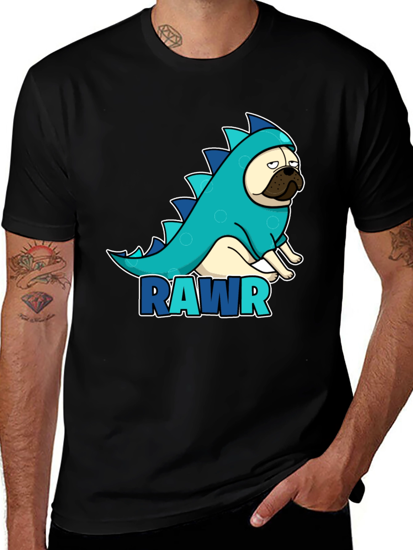 Pug Dinosaur RAWR T-Shirt - Black Cotton Tee