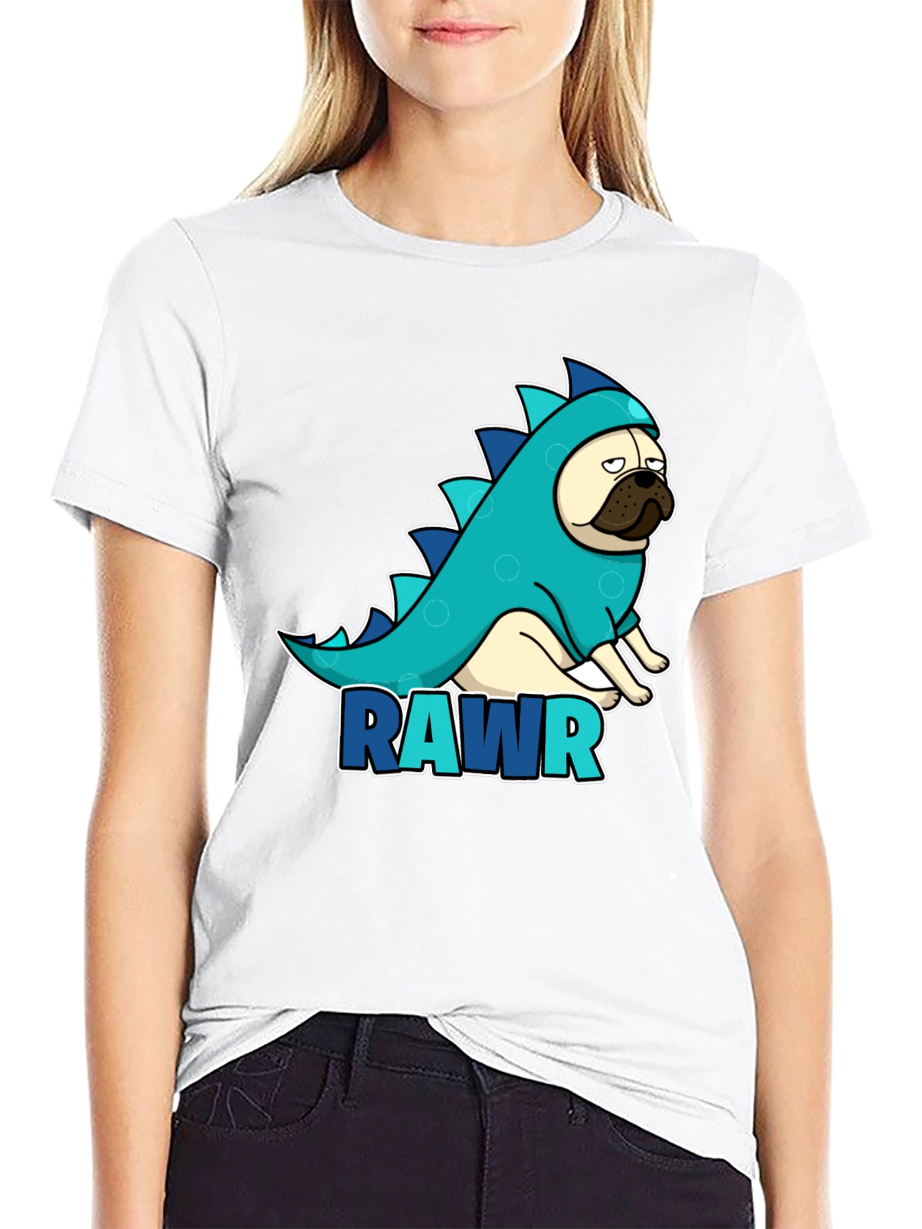 Pug Dinosaur RAWR T-Shirt - Black Cotton Tee