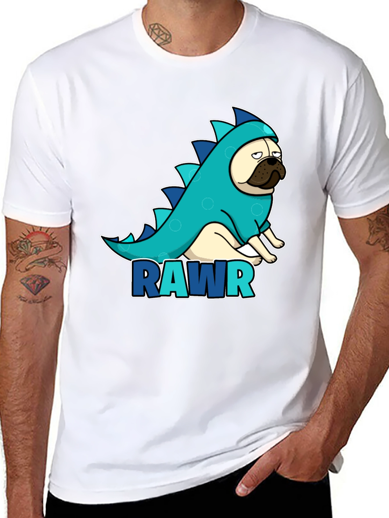 Pug Dinosaur RAWR T-Shirt - Black Cotton Tee