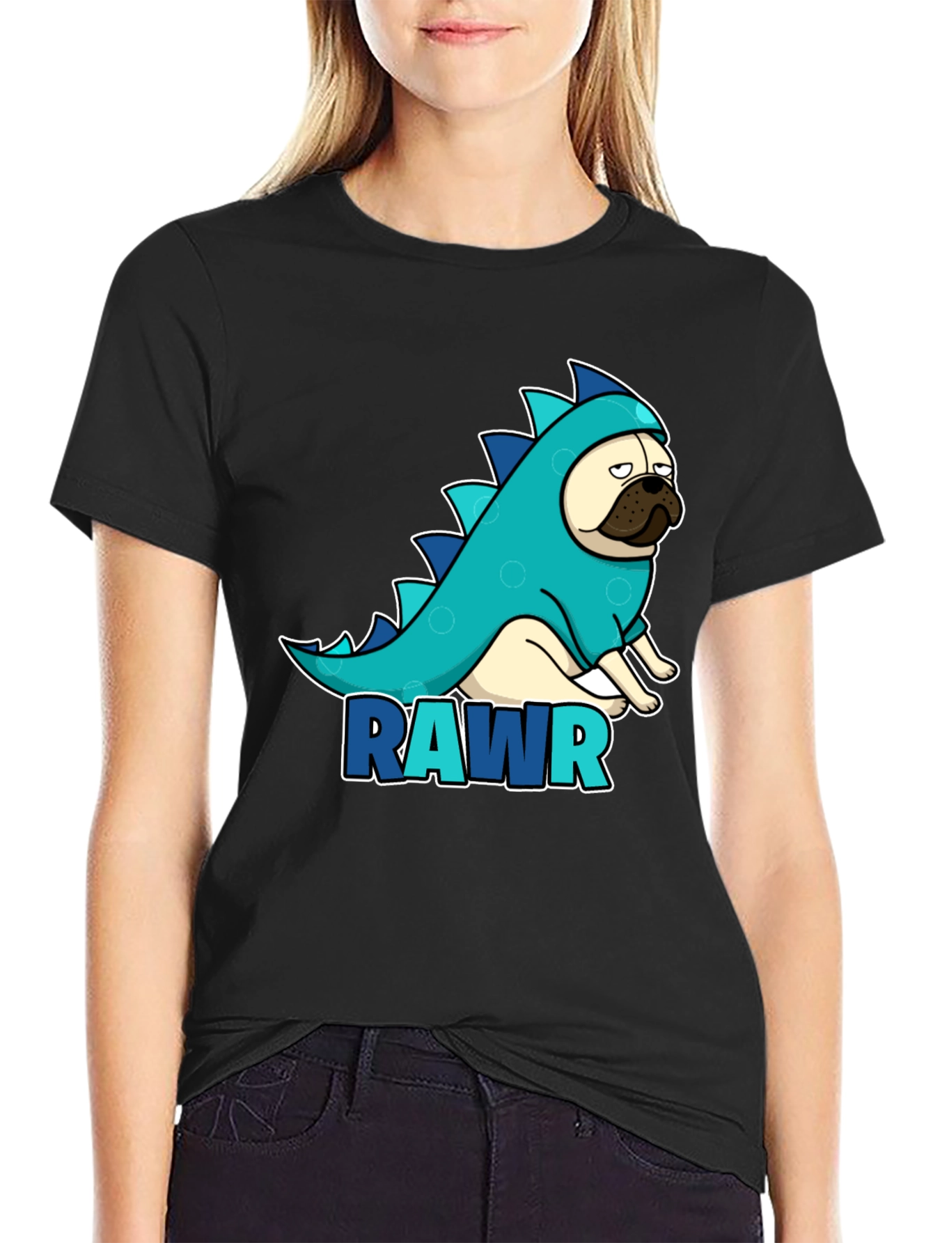 Pug Dinosaur RAWR T-Shirt - Black Cotton Tee