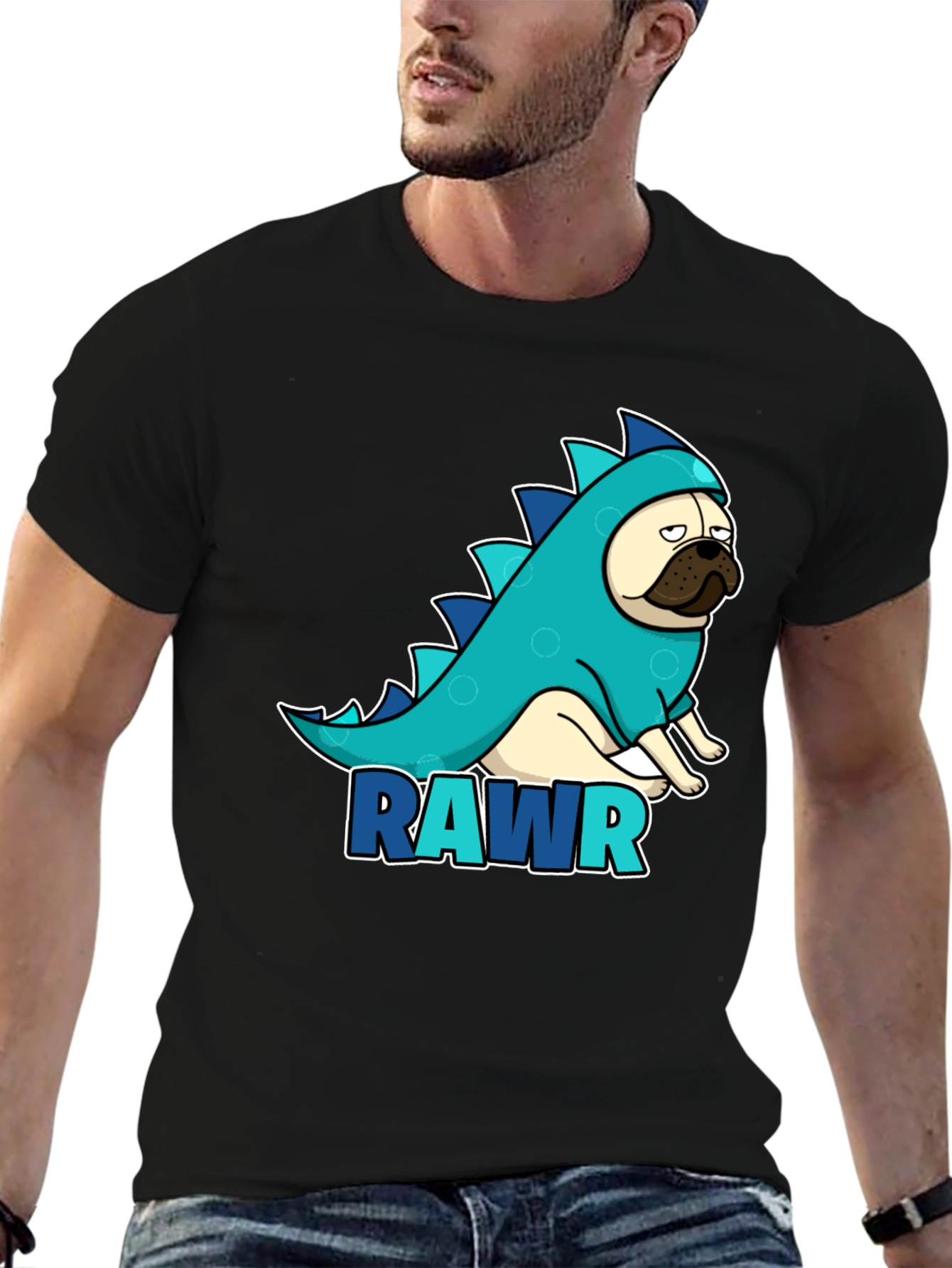 Pug Dinosaur RAWR T-Shirt - Black Cotton Tee