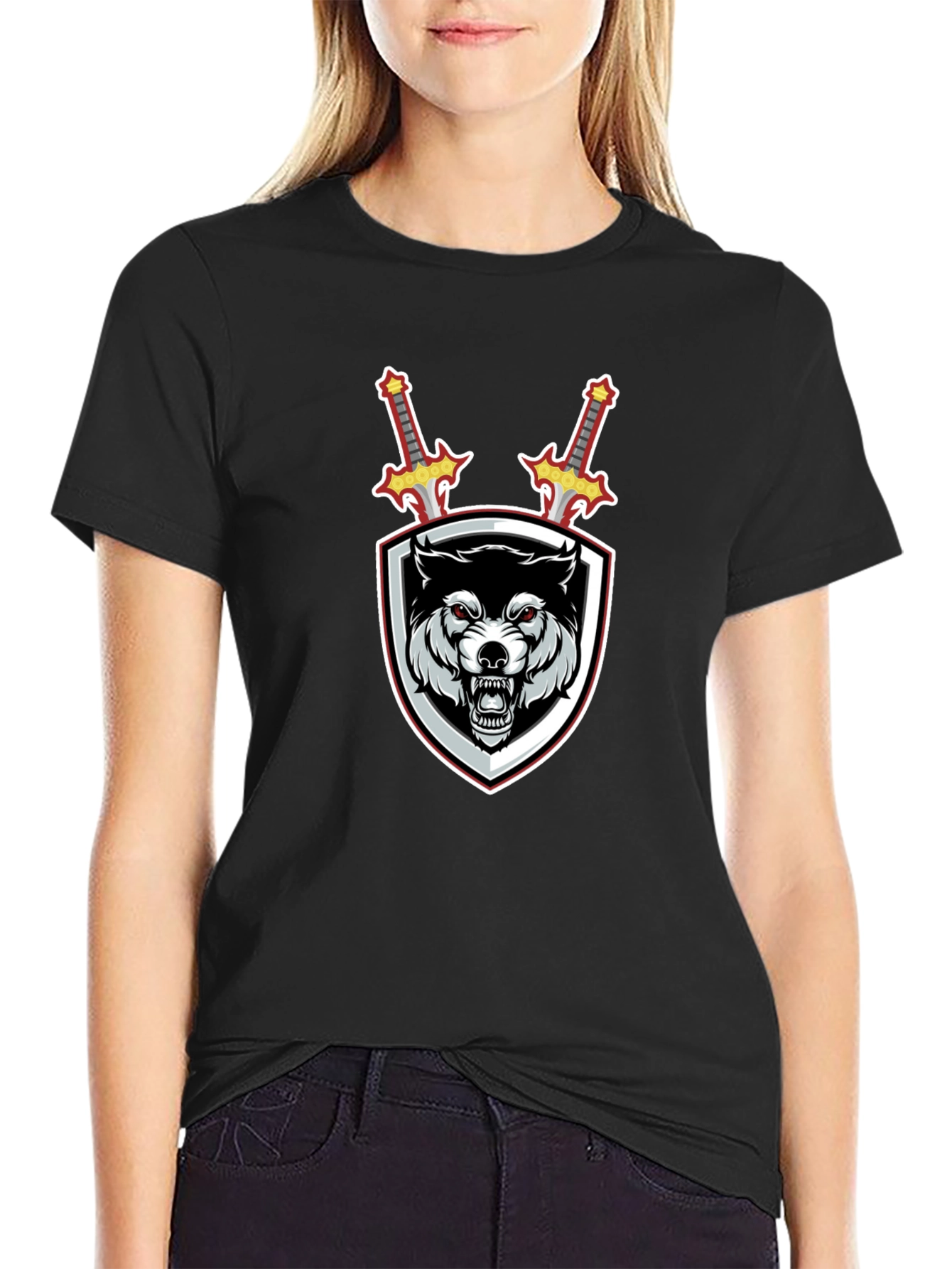 Wolf Shield Swords Graphic Black T-Shirt