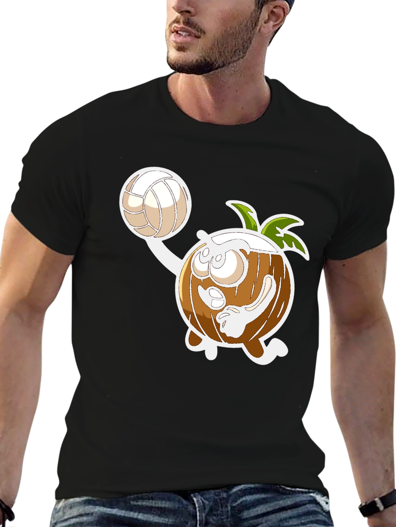 Funny Coconut Volleyball Cartoon Black T-Shirt