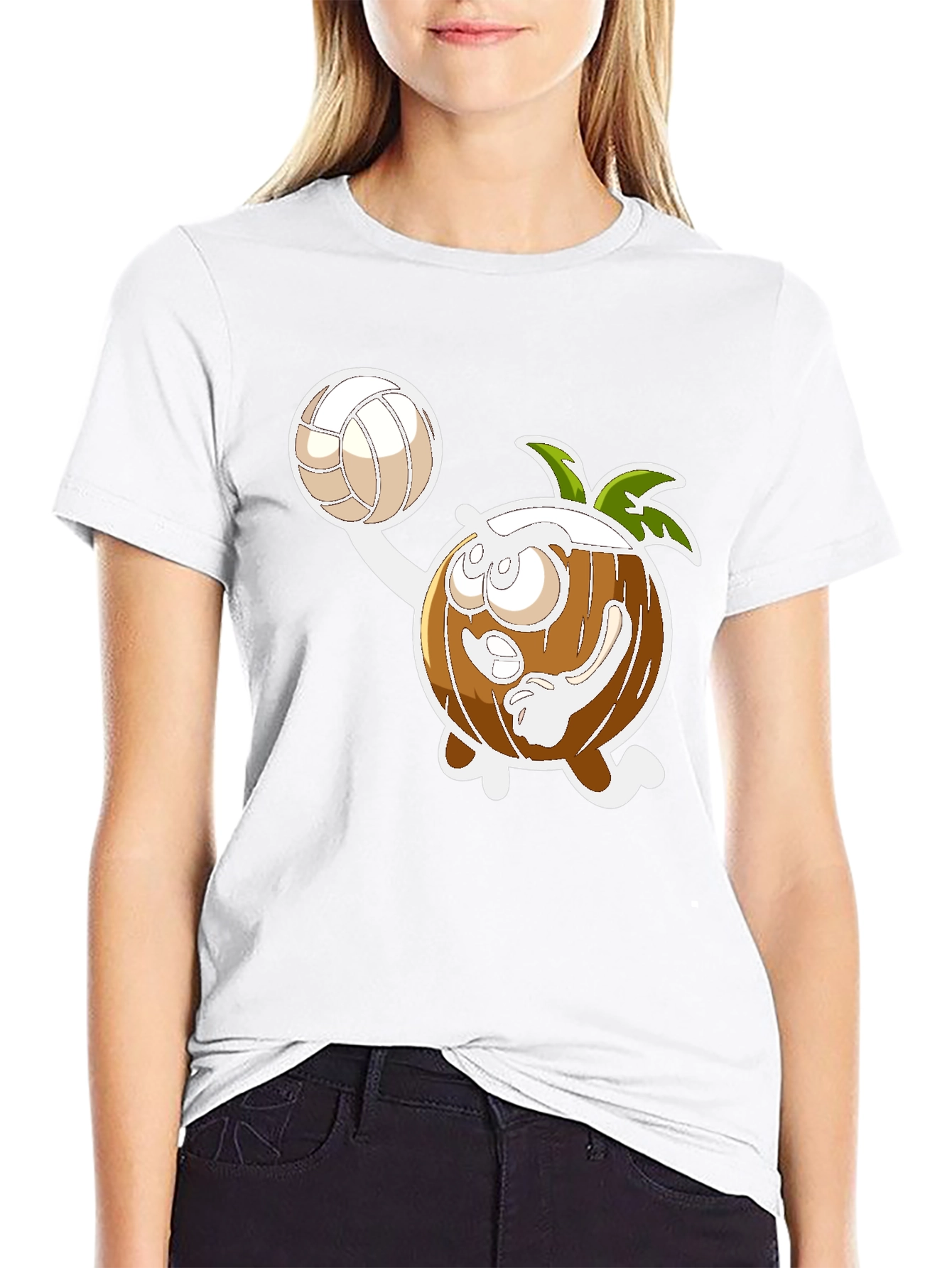 Funny Coconut Volleyball Cartoon Black T-Shirt