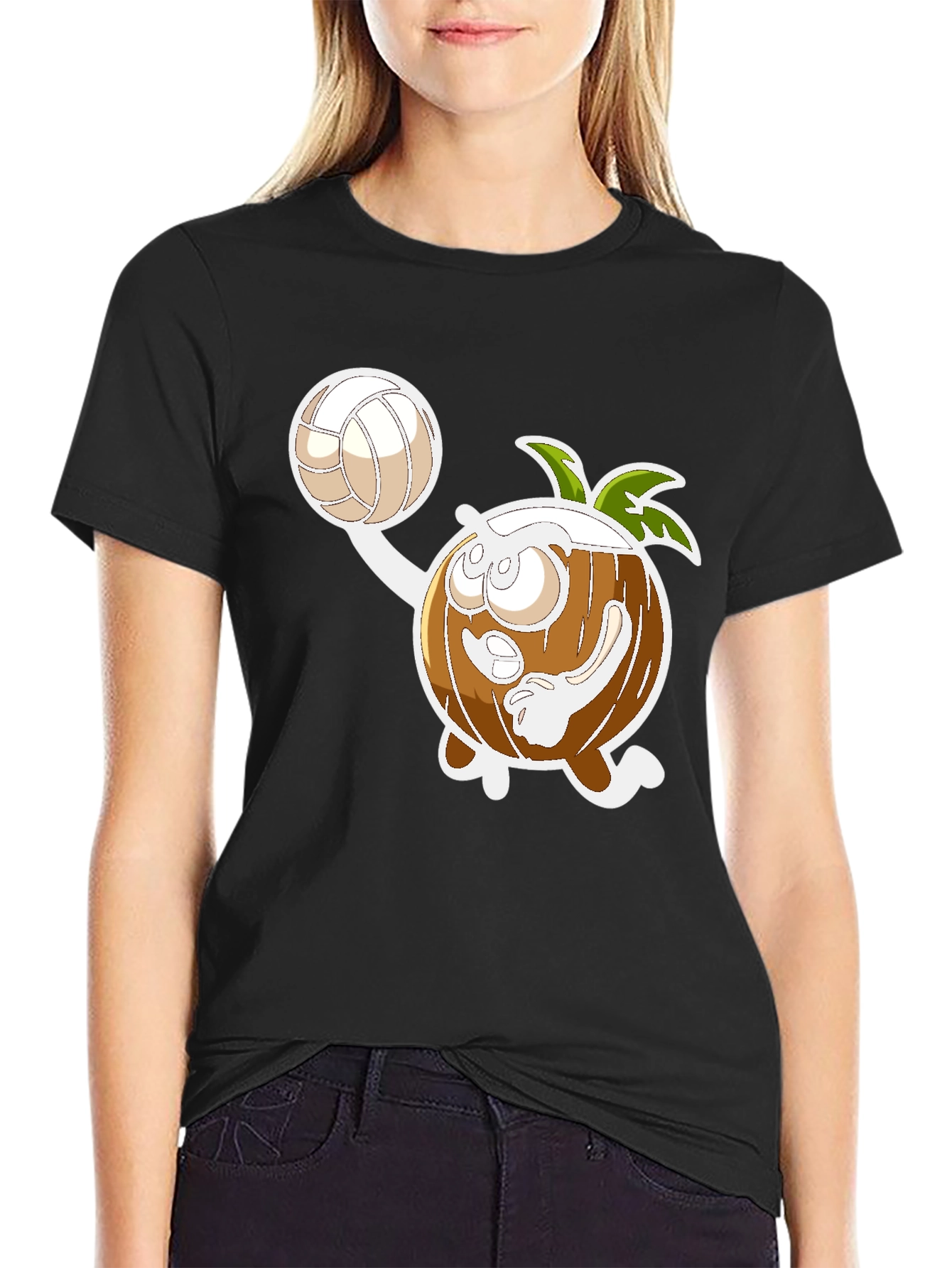 Funny Coconut Volleyball Cartoon Black T-Shirt