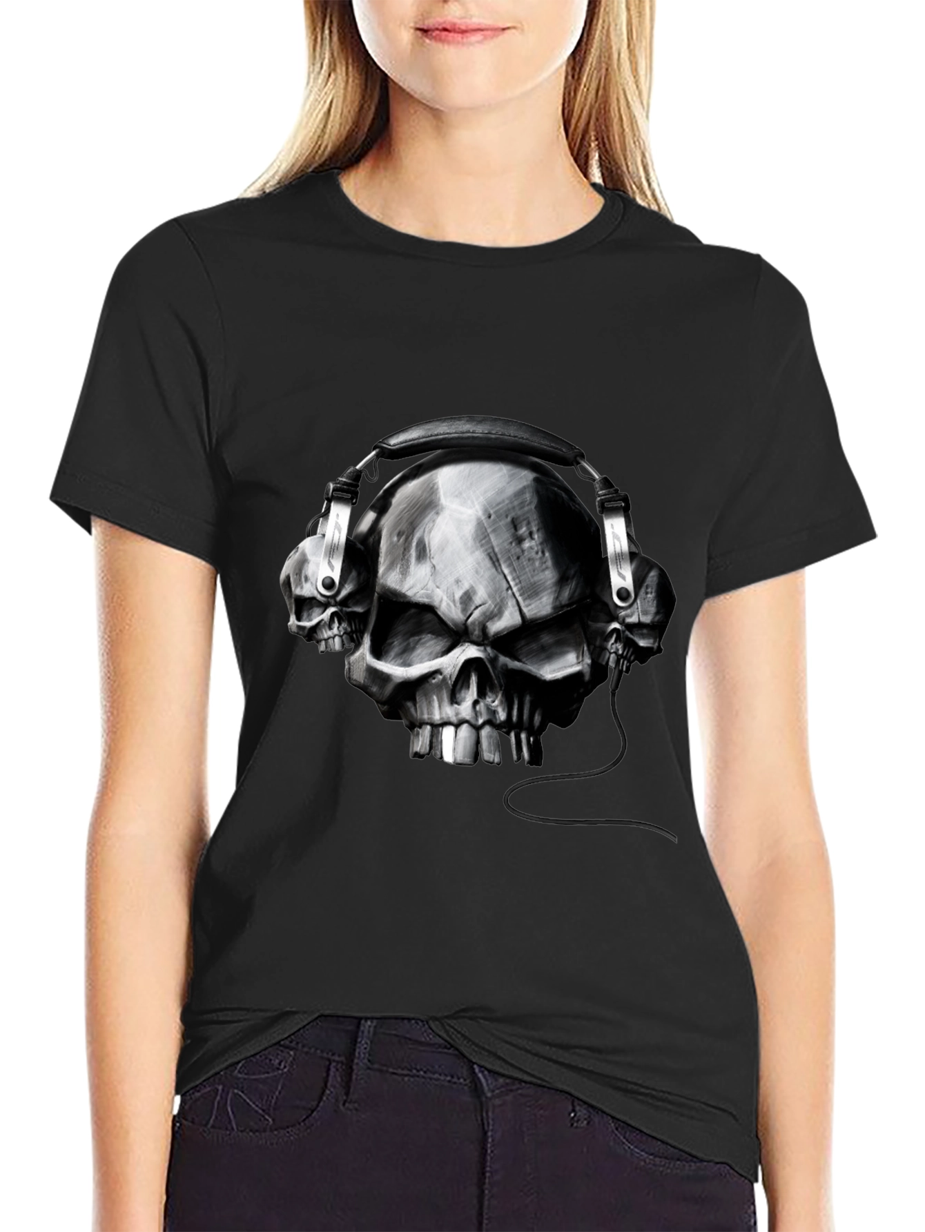 Skull Headphones Graphic Tee - Black Cotton T-Shirt