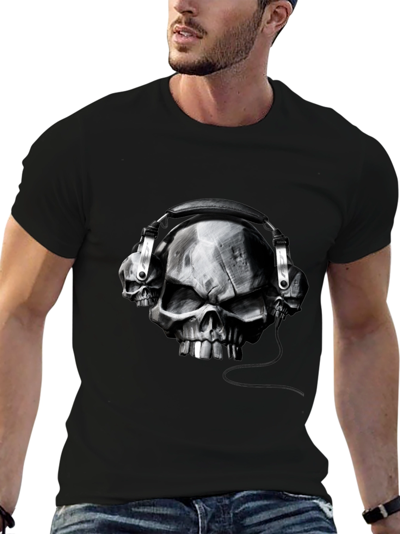 Skull Headphones Graphic Tee - Black Cotton T-Shirt