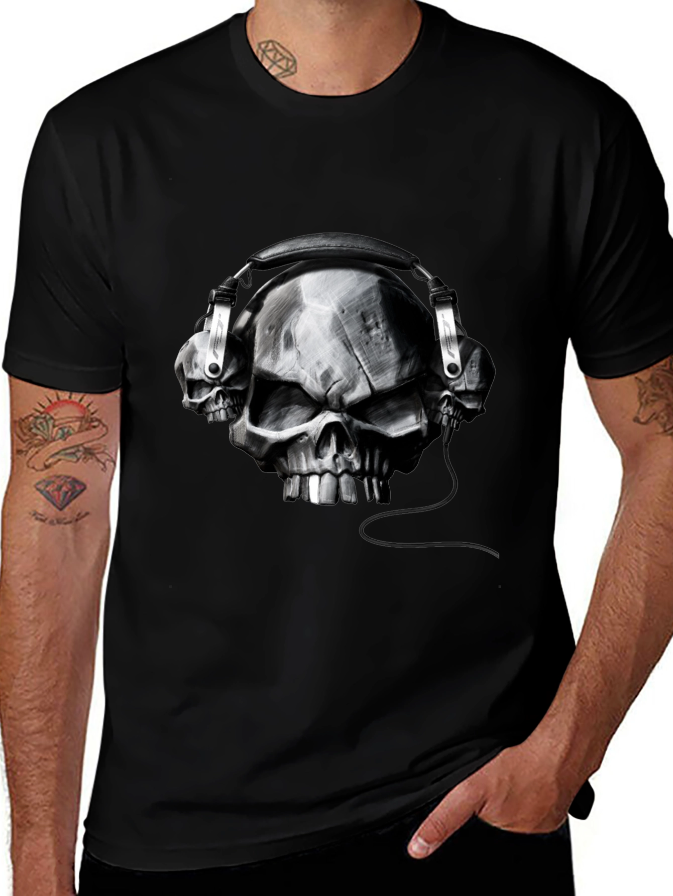 Skull Headphones Graphic Tee - Black Cotton T-Shirt