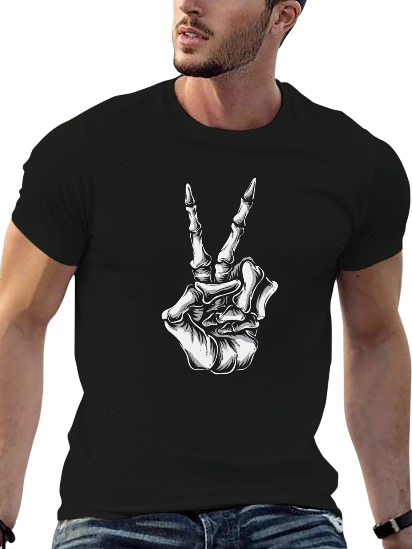 Skeleton Hand Peace Sign Black T-Shirt
