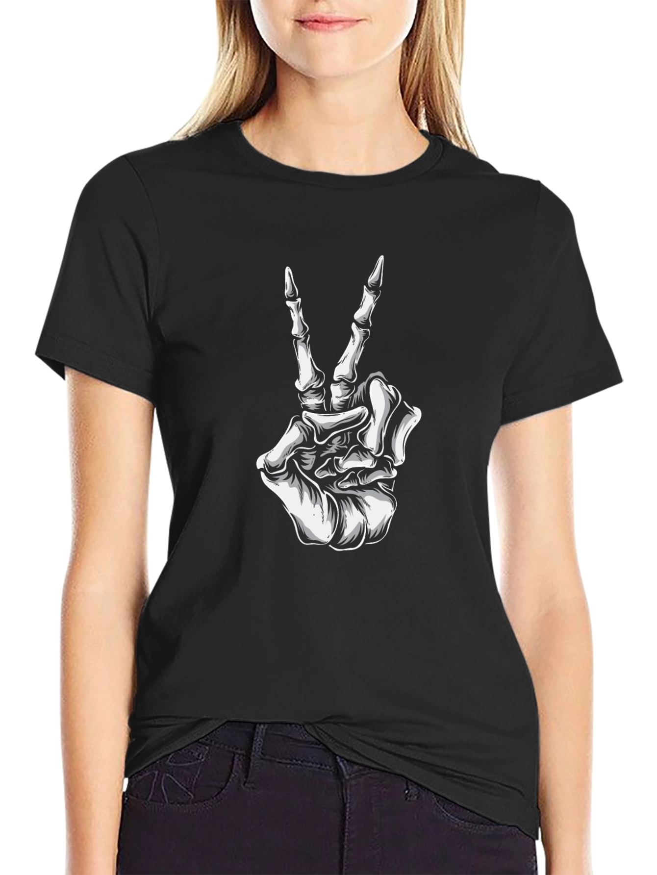 Skeleton Hand Peace Sign Black T-Shirt