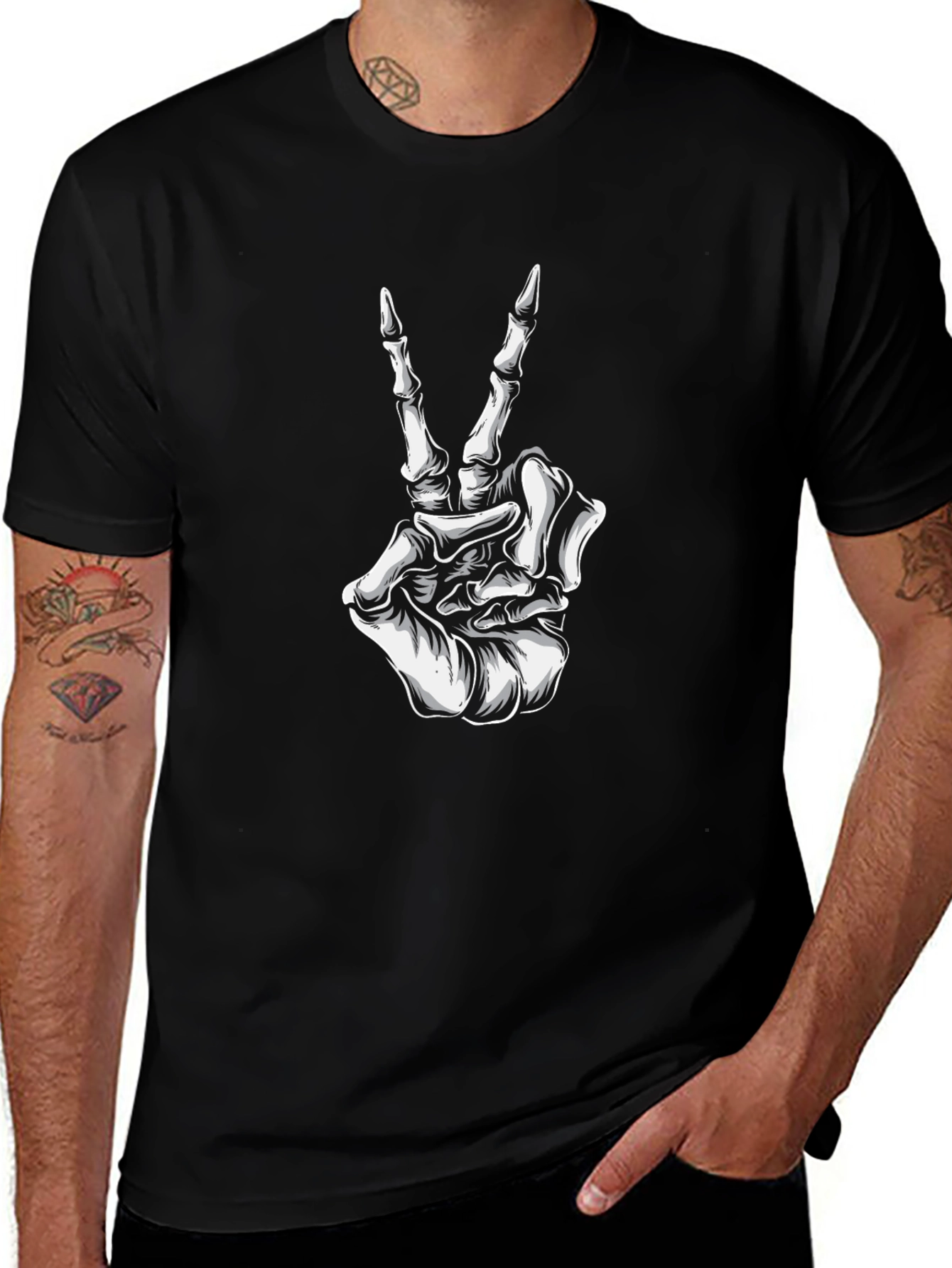 Skeleton Hand Peace Sign Black T-Shirt