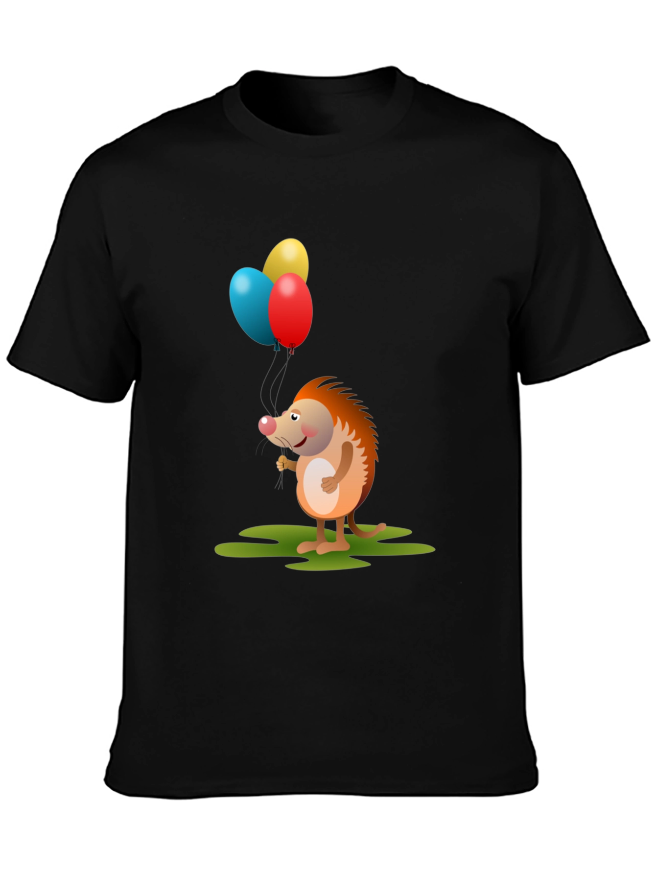 Cute Hedgehog with Balloons Graphic Tee - Black Cotton