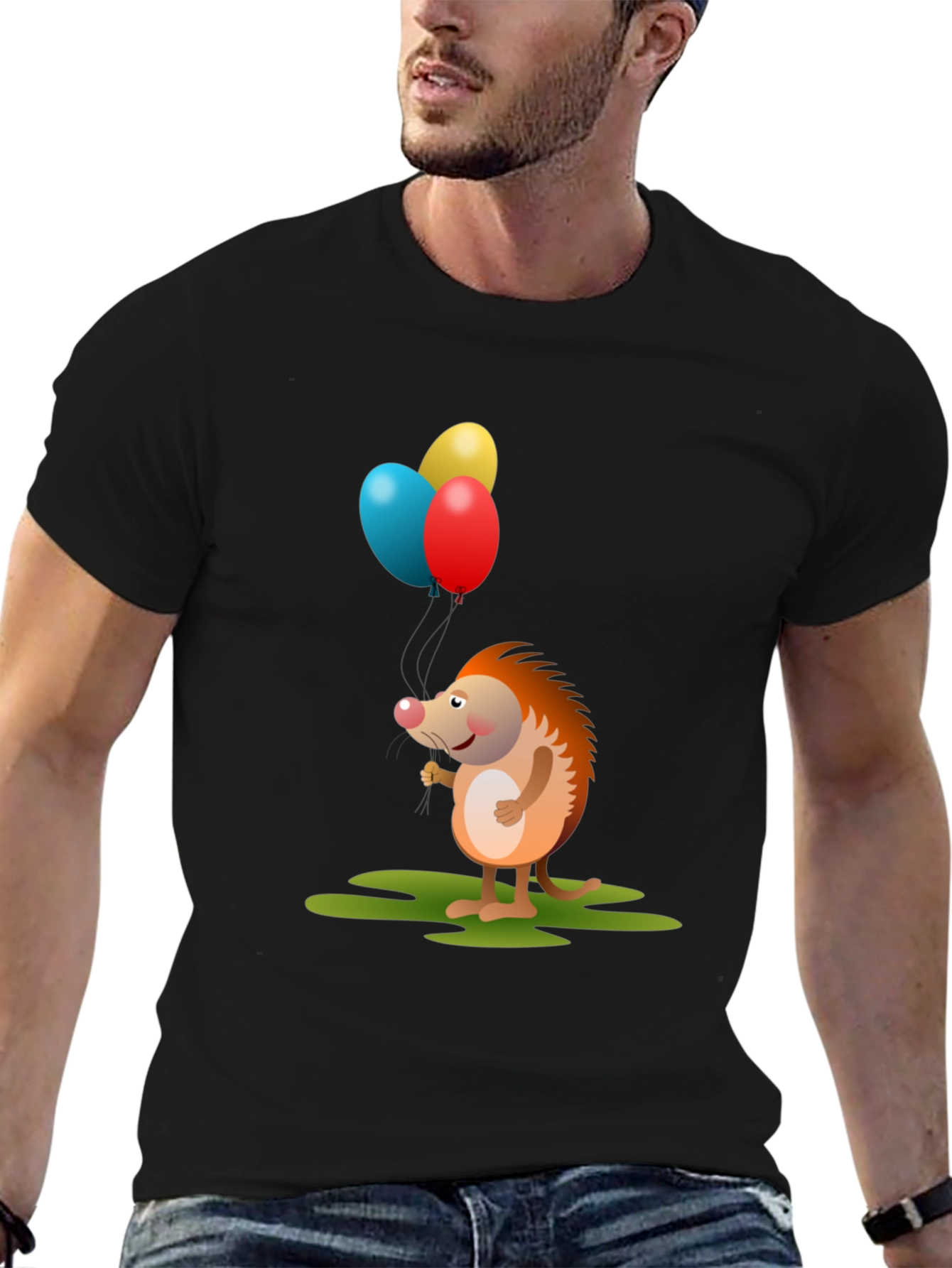 Cute Hedgehog with Balloons Graphic Tee - Black Cotton