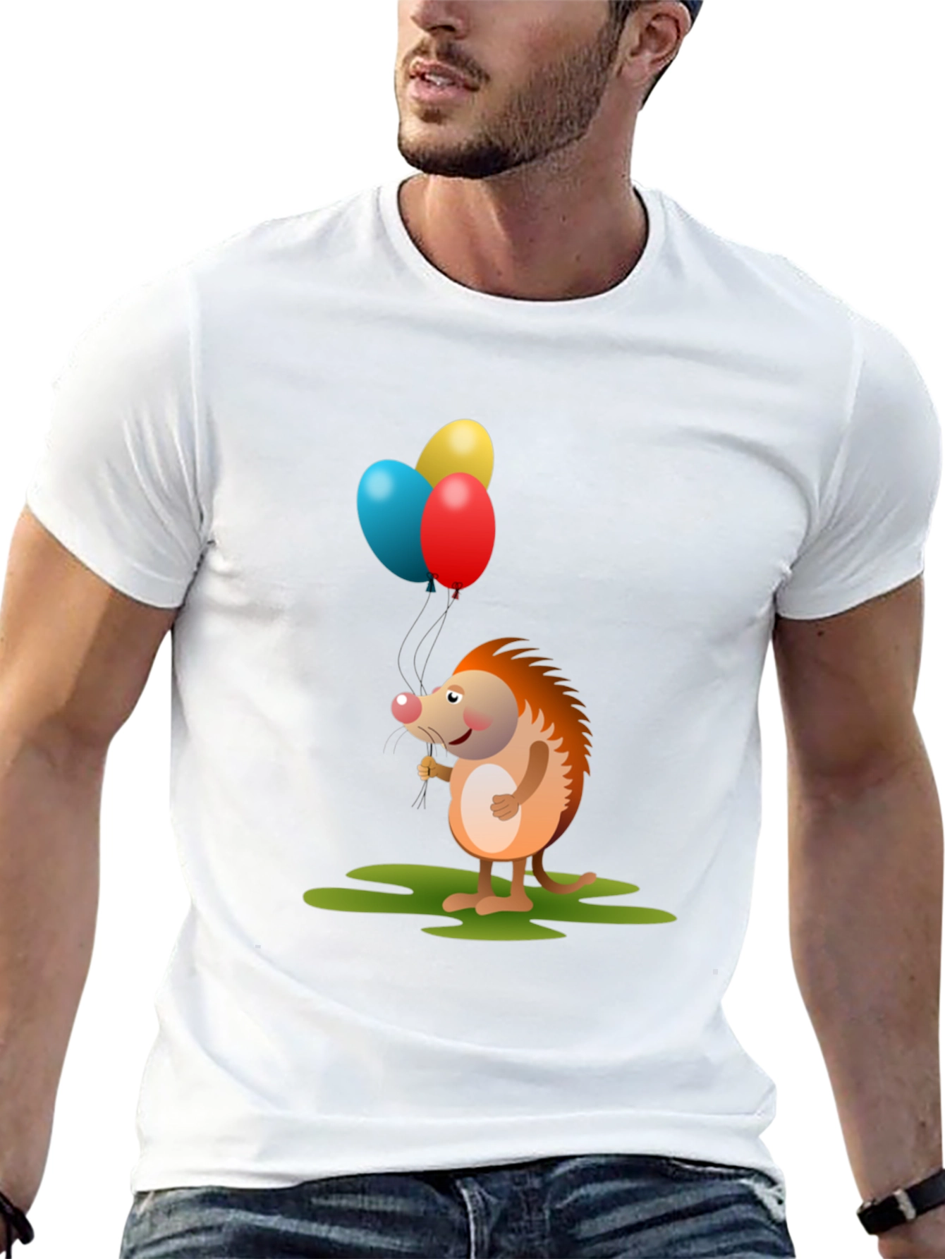 Cute Hedgehog with Balloons Graphic Tee - Black Cotton