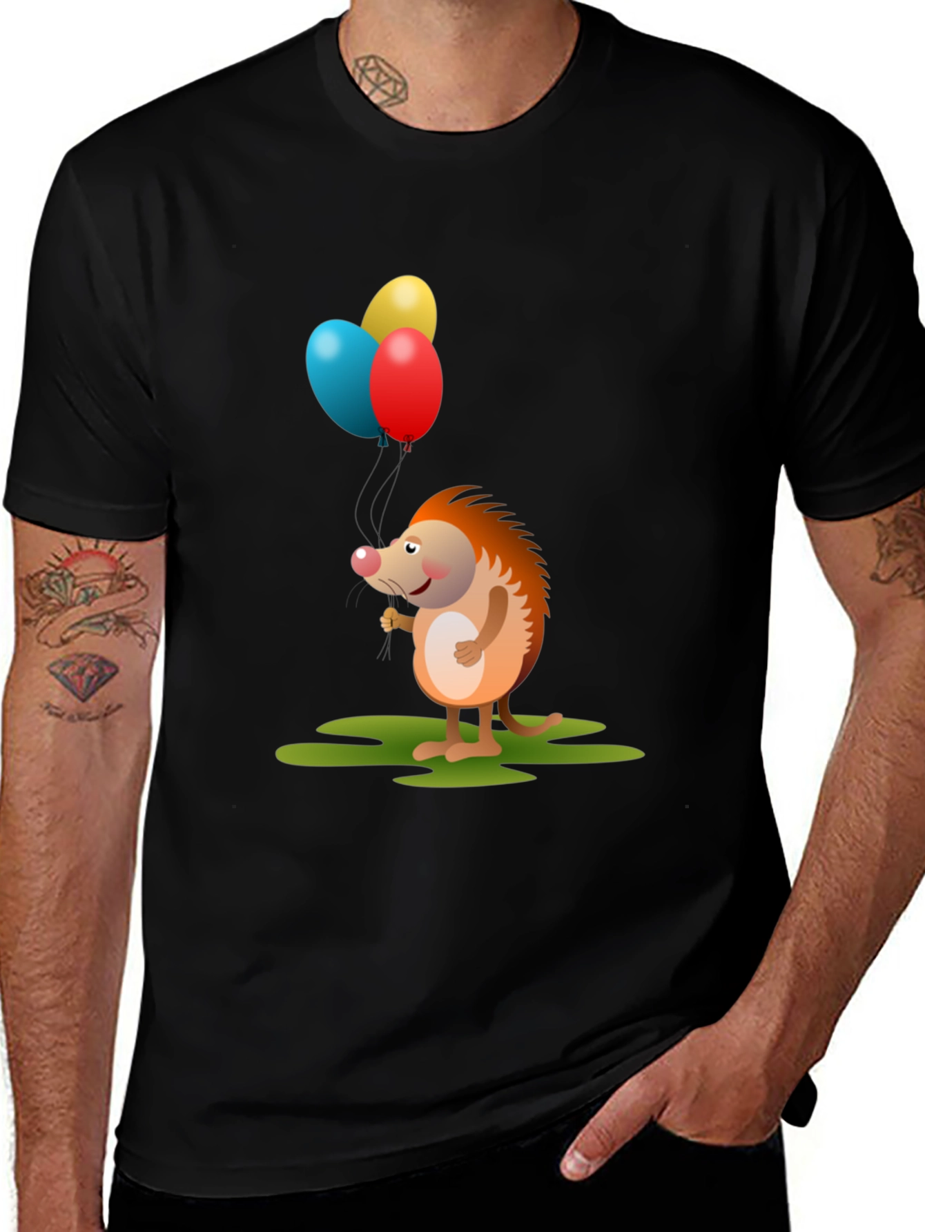 Cute Hedgehog with Balloons Graphic Tee - Black Cotton