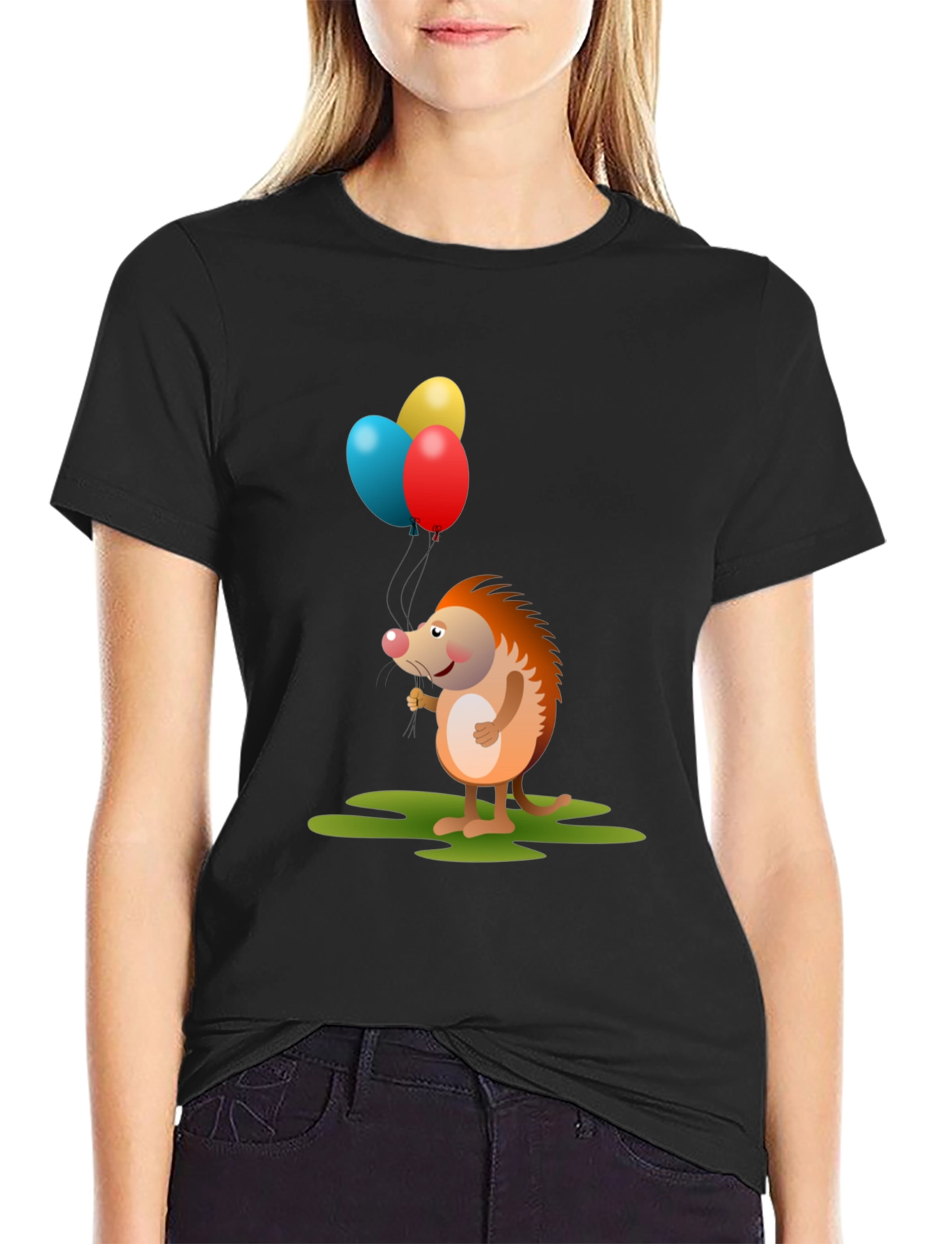 Cute Hedgehog with Balloons Graphic Tee - Black Cotton