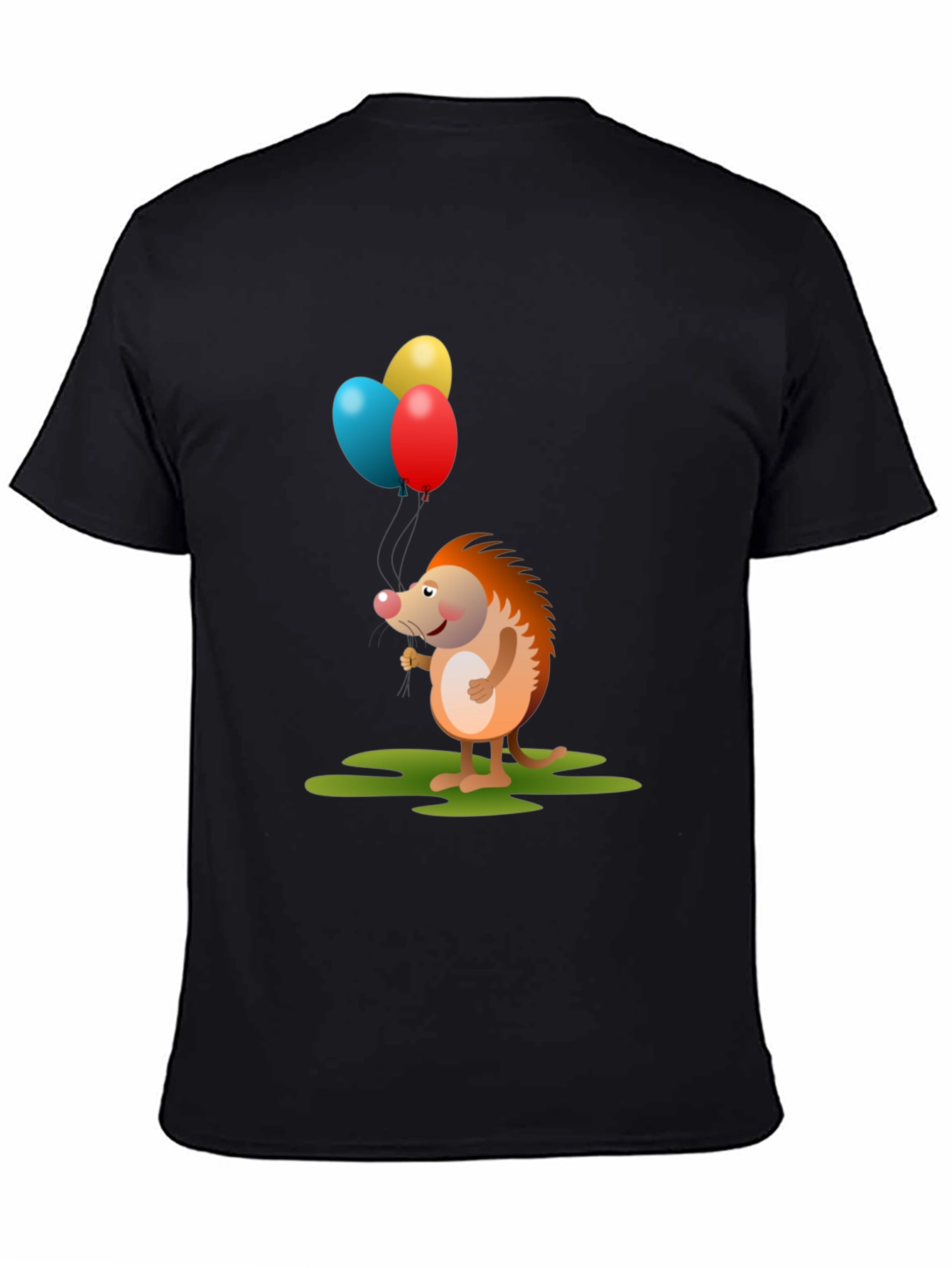 Cute Hedgehog with Balloons Graphic Tee - Black Cotton