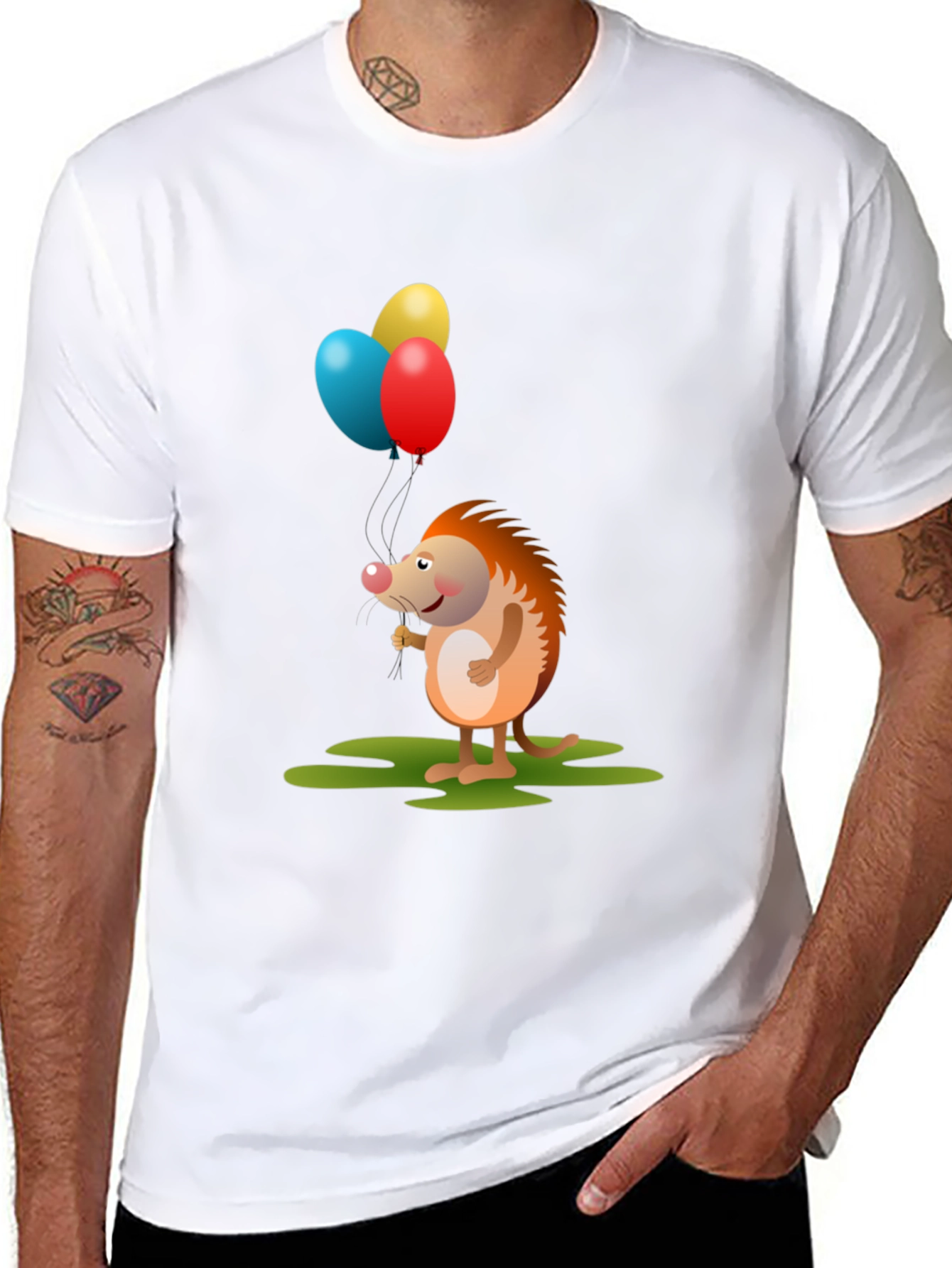 Cute Hedgehog with Balloons Graphic Tee - Black Cotton