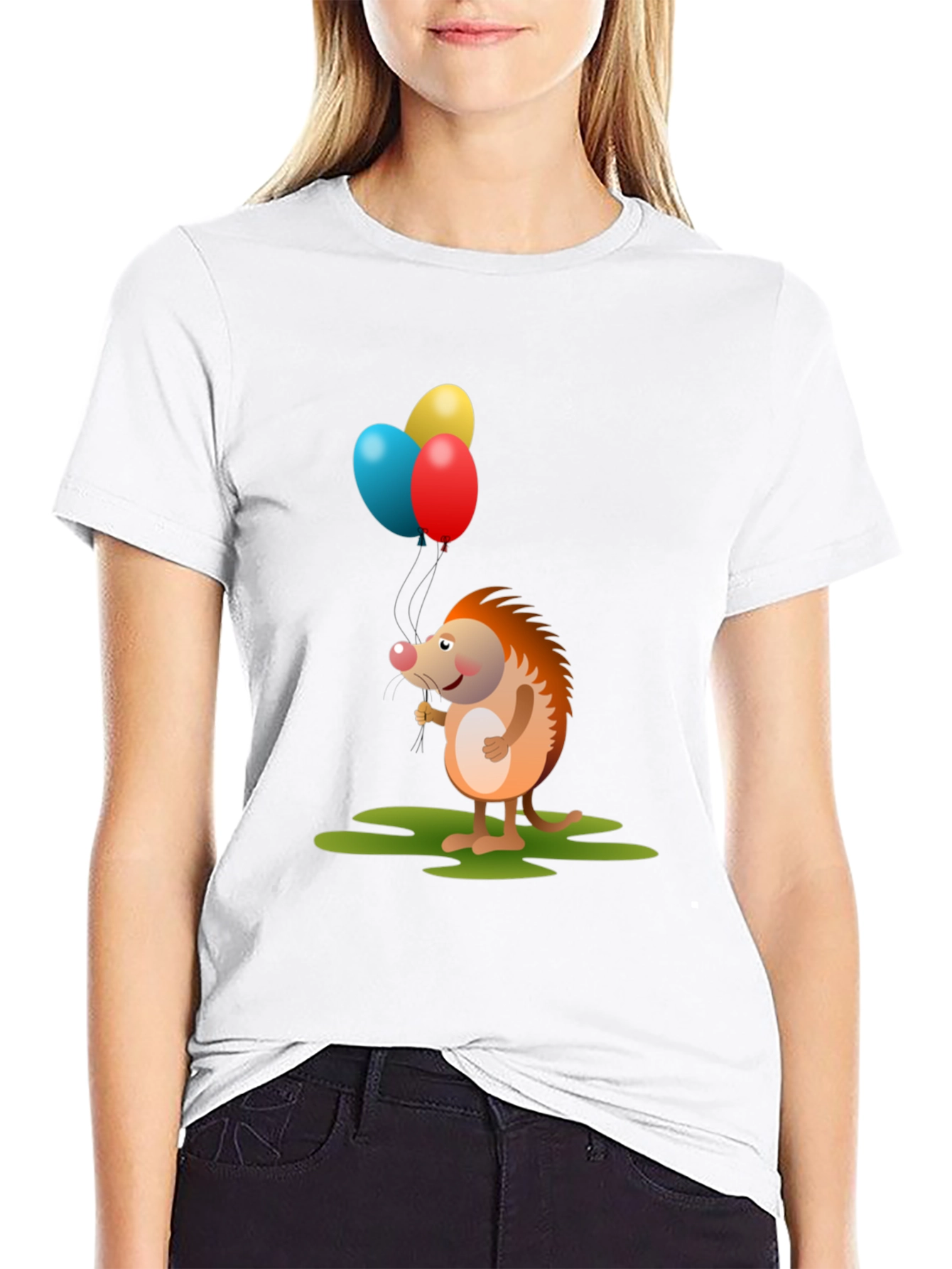 Cute Hedgehog with Balloons Graphic Tee - Black Cotton