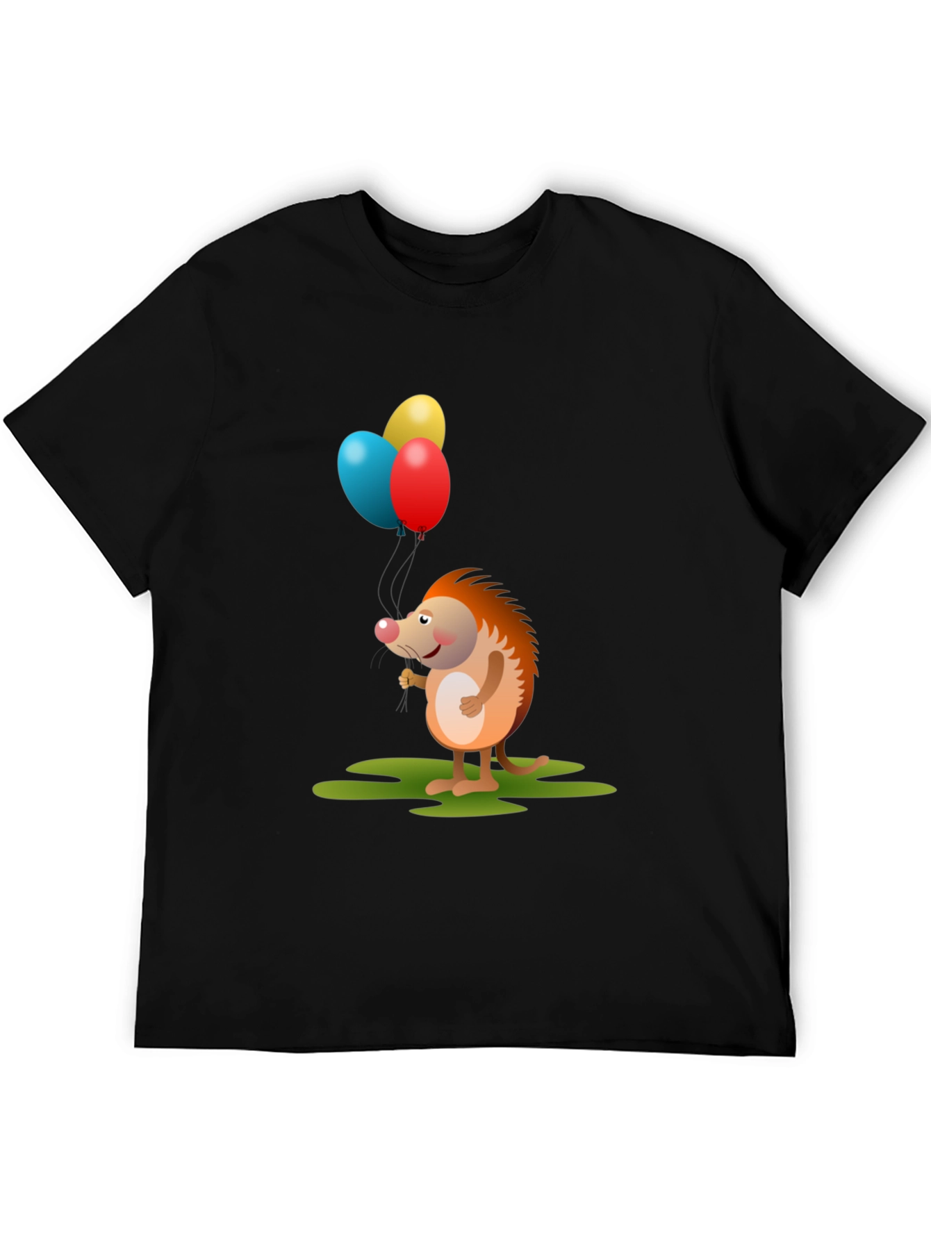 Cute Hedgehog with Balloons Graphic Tee - Black Cotton