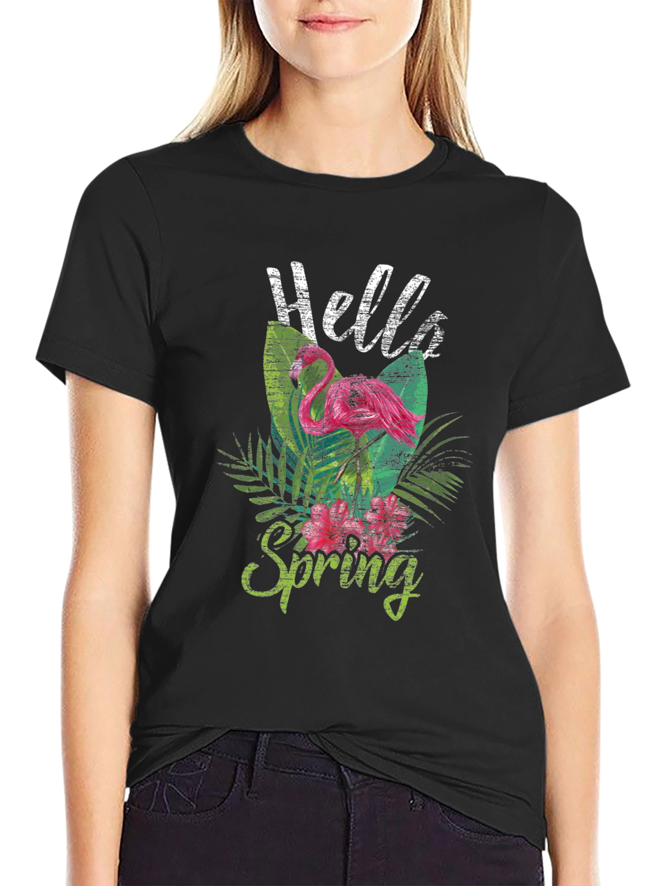 Hello Spring Flamingo Graphic Tee - Trendy Casual Top