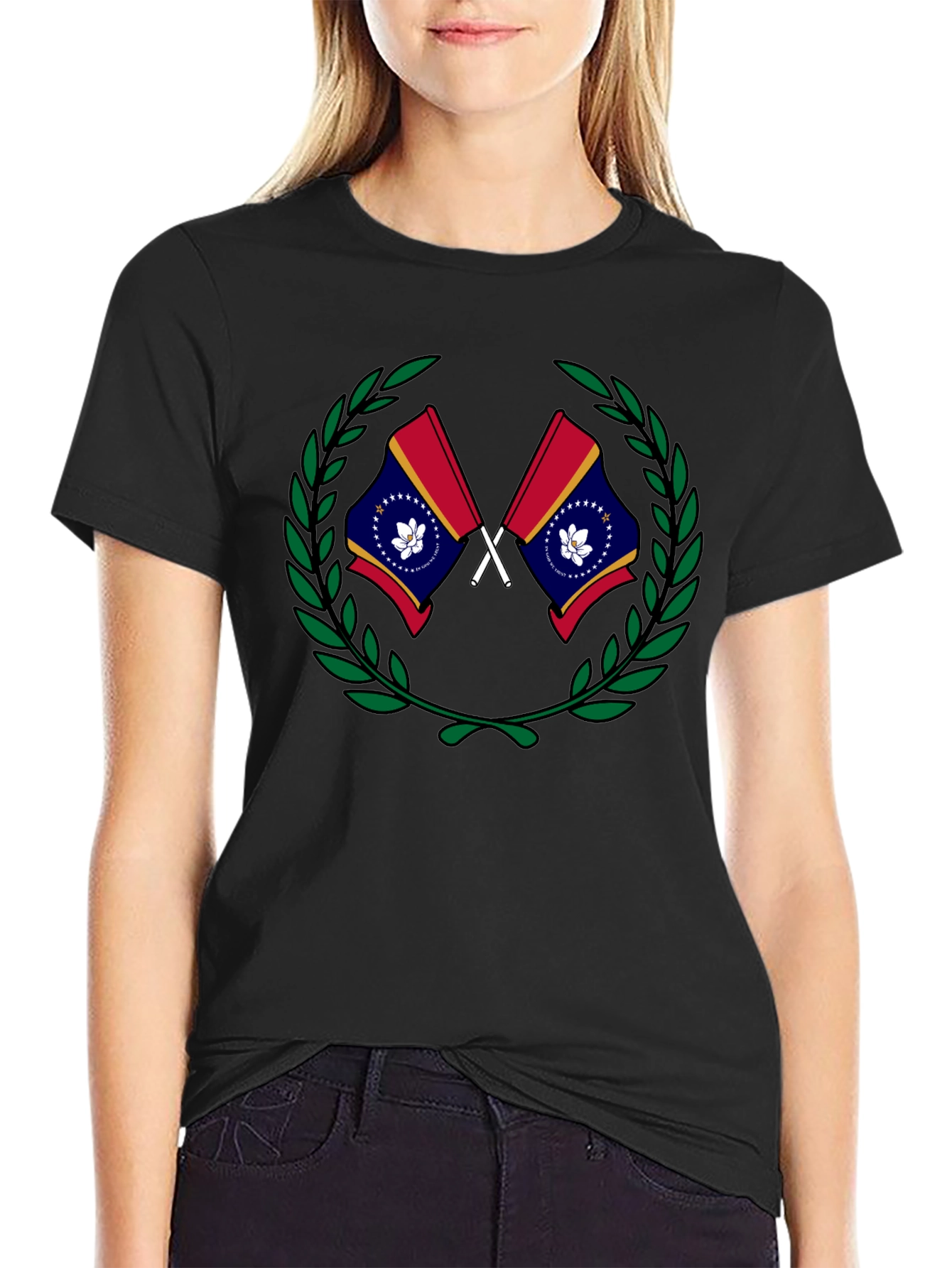 Mississippi Flag Laurel Wreath Black T-Shirt