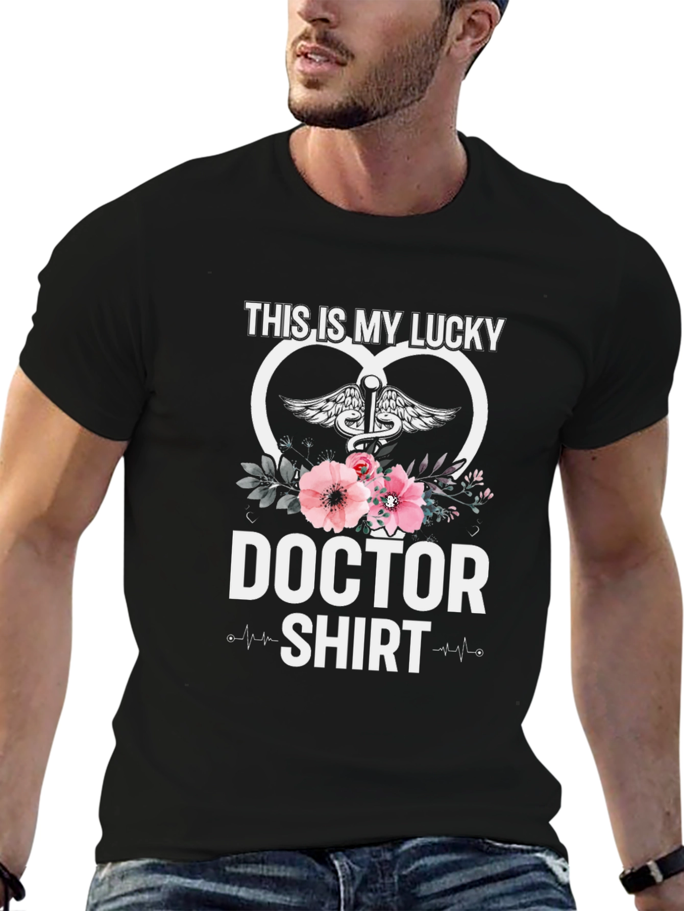 Lucky Doctor T-Shirt: Floral Caduceus Design