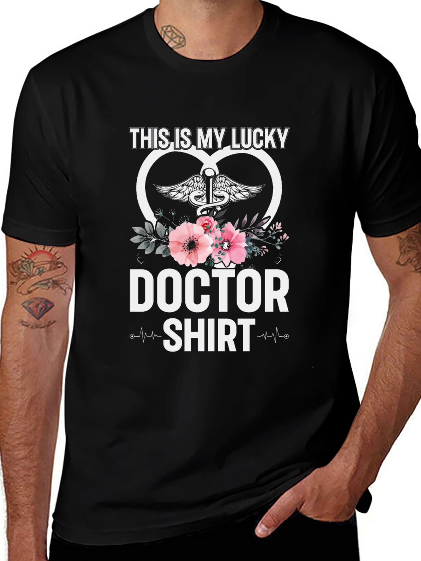 Lucky Doctor T-Shirt: Floral Caduceus Design