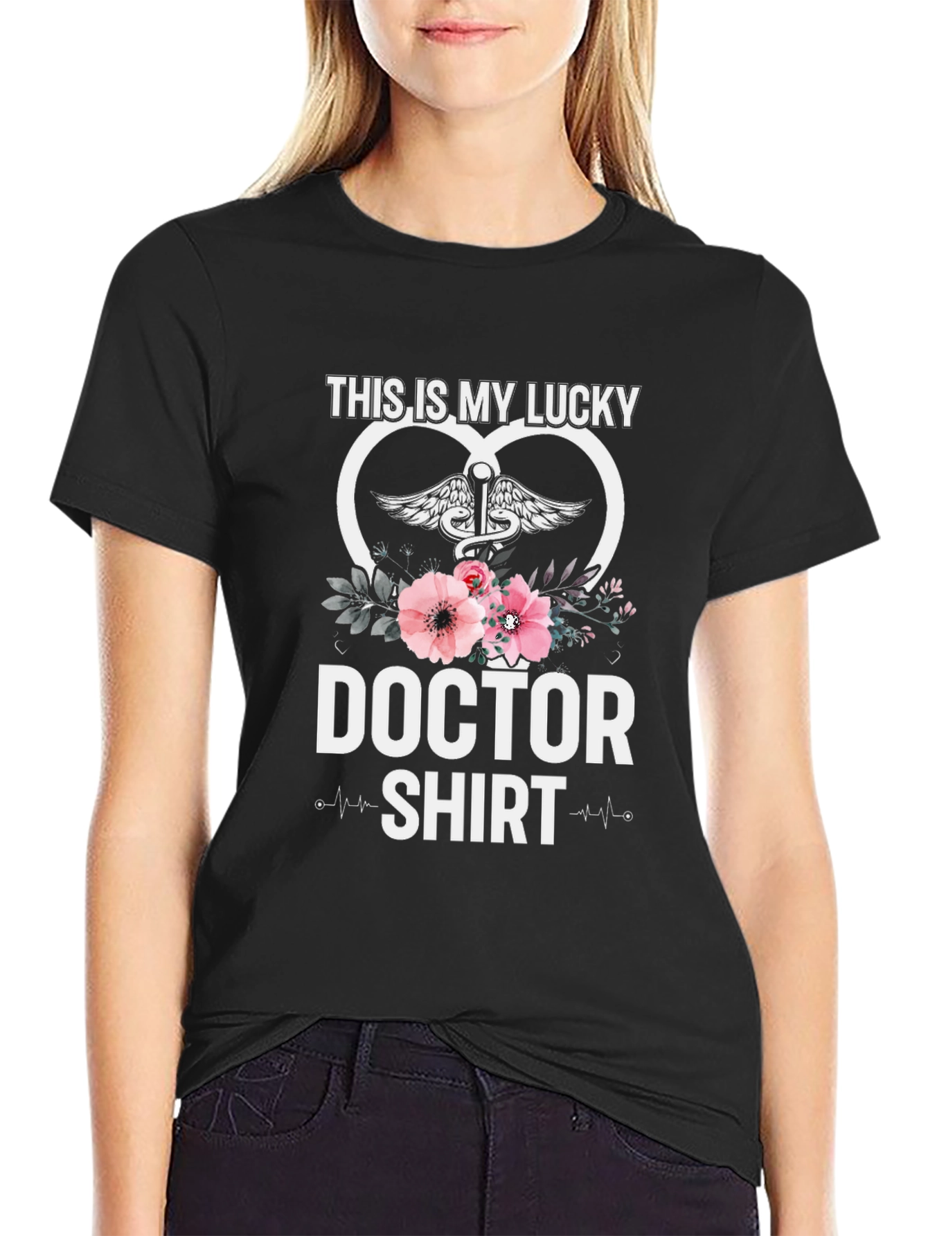 Lucky Doctor T-Shirt: Floral Caduceus Design