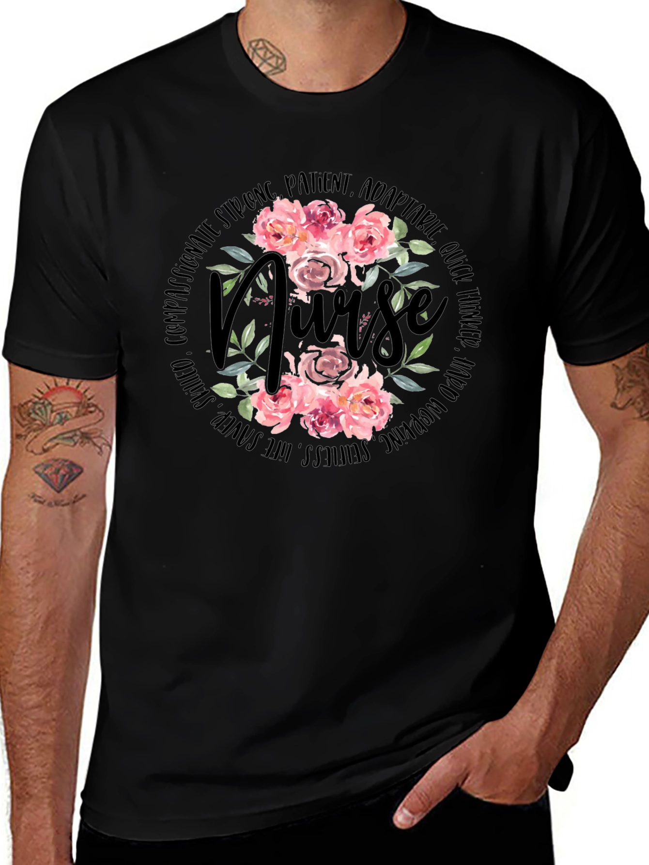 Floral Nurse T-Shirt - Strong Patient Adorable