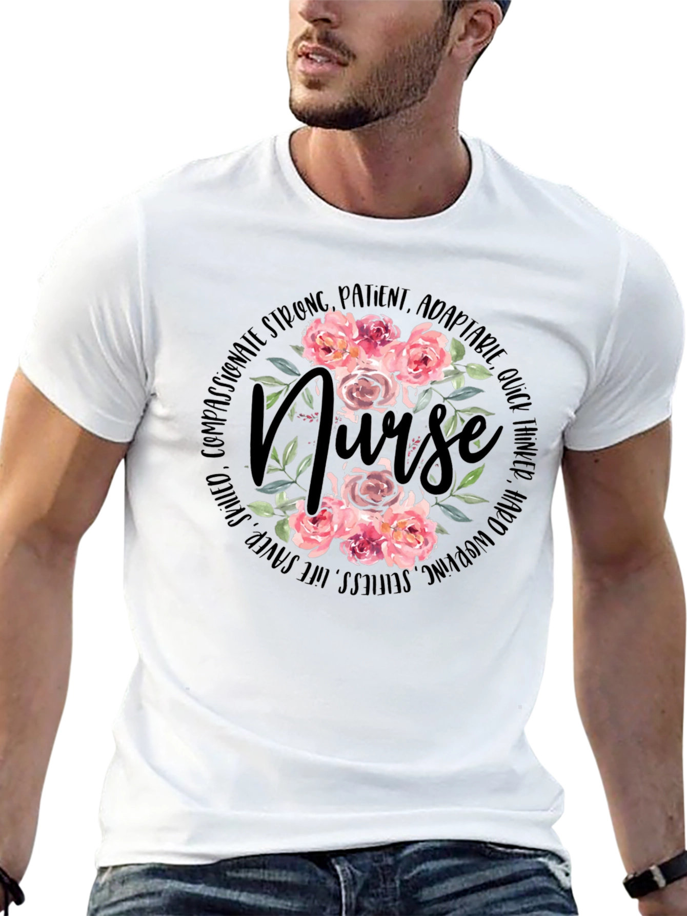 Floral Nurse T-Shirt - Strong Patient Adorable