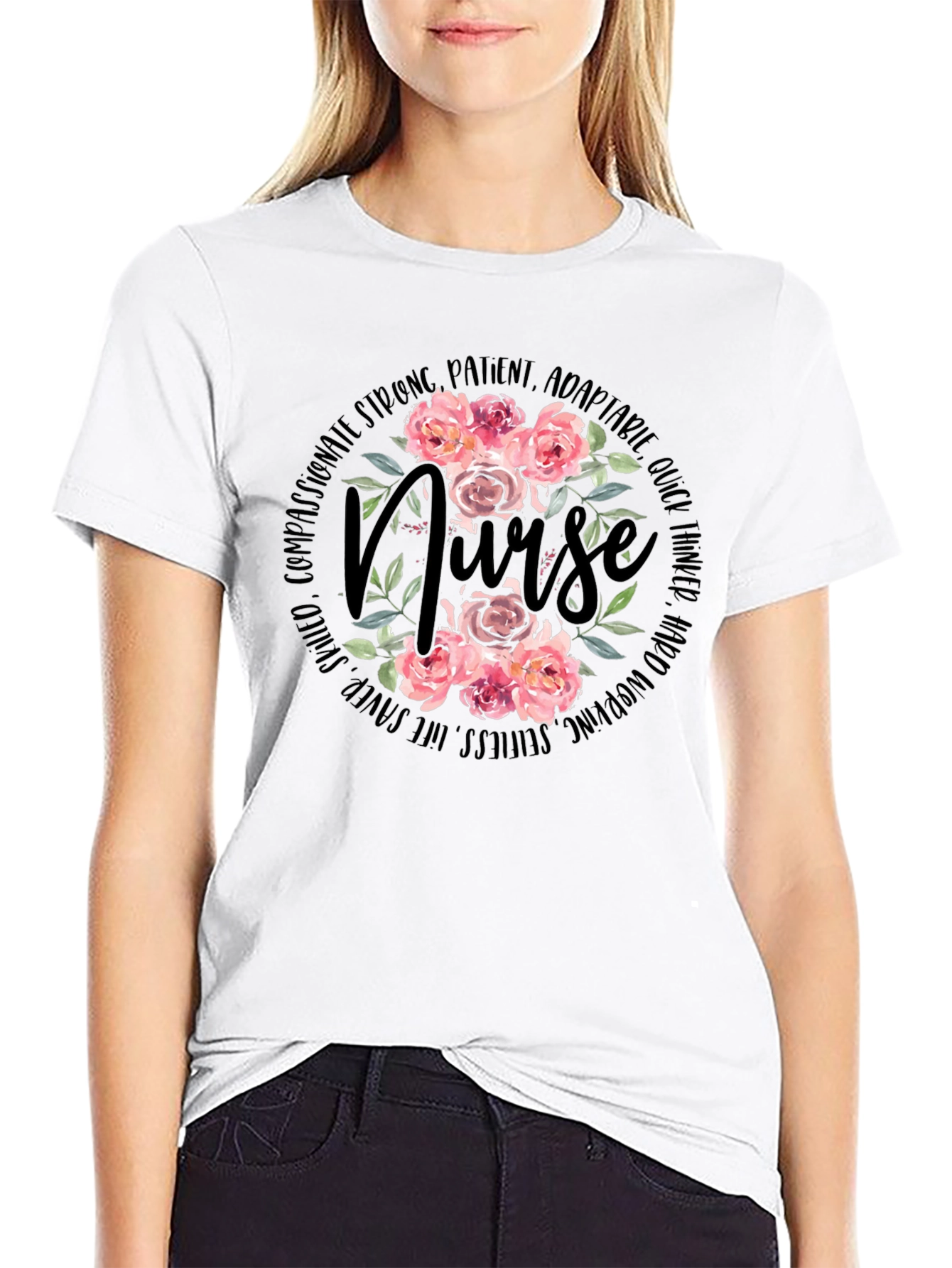 Floral Nurse T-Shirt - Strong Patient Adorable