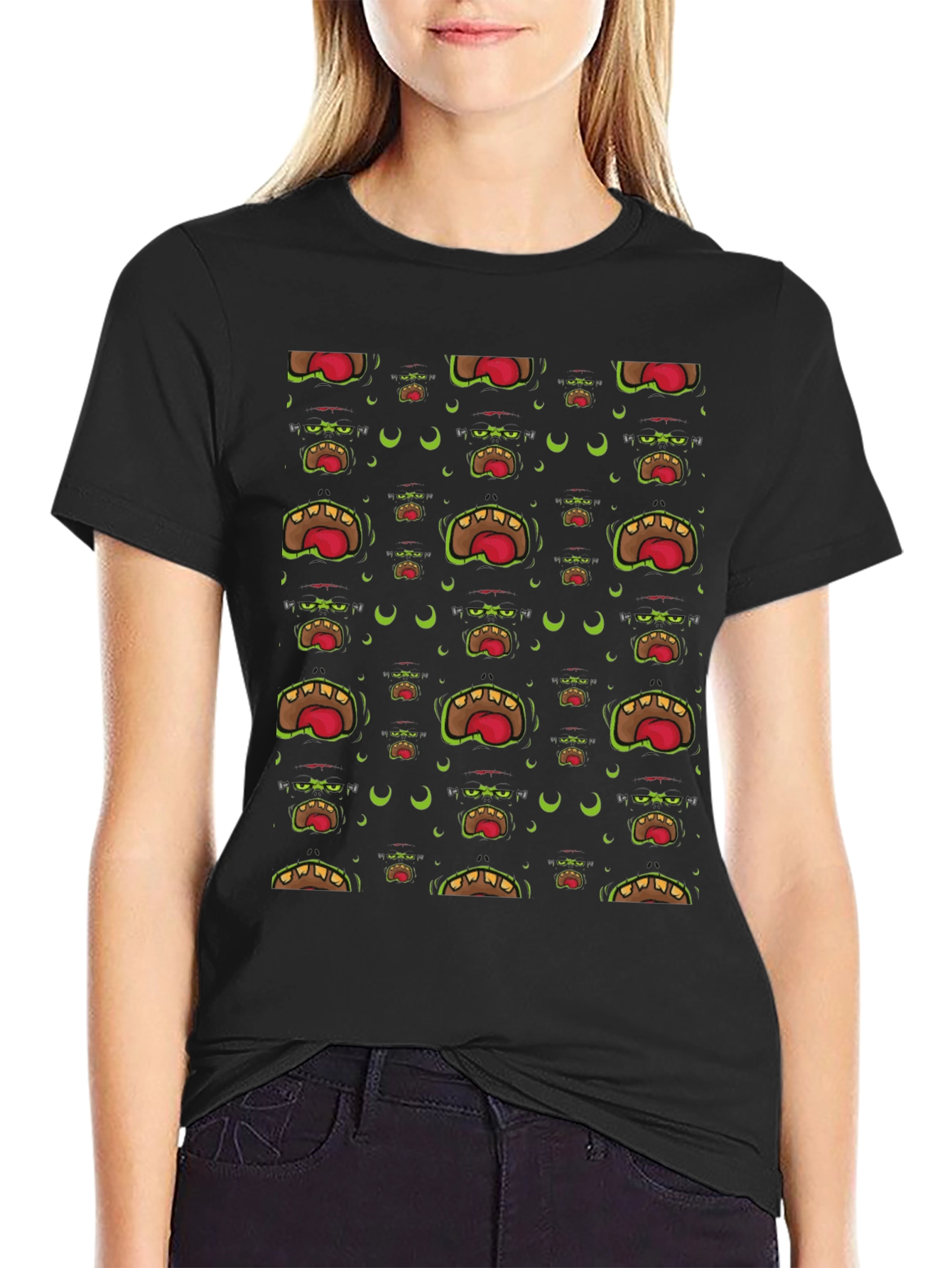 Monster Mouth Patterned Black T-Shirt