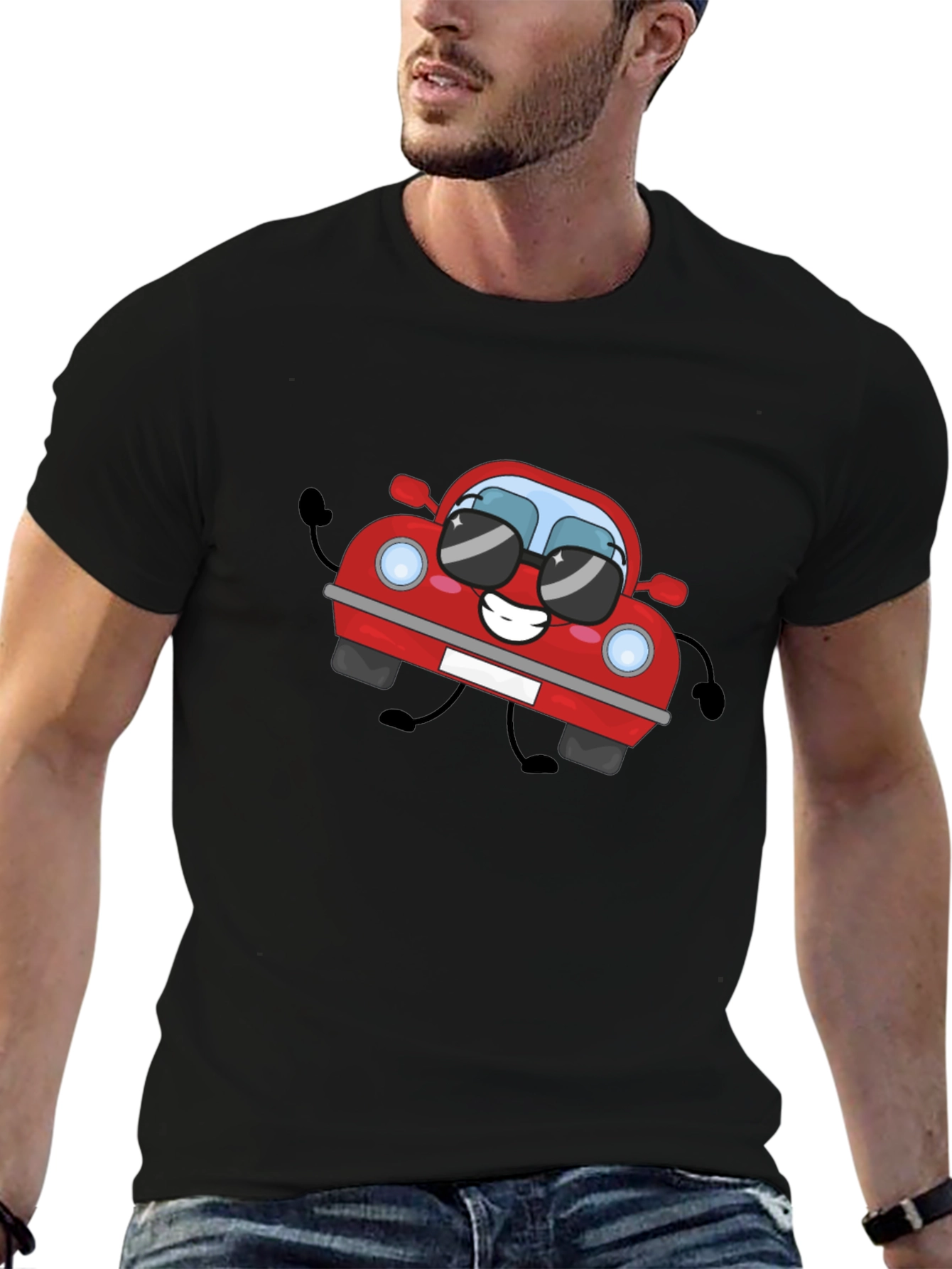 Cartoon Car Graphic T-Shirt - Black Cotton Tee
