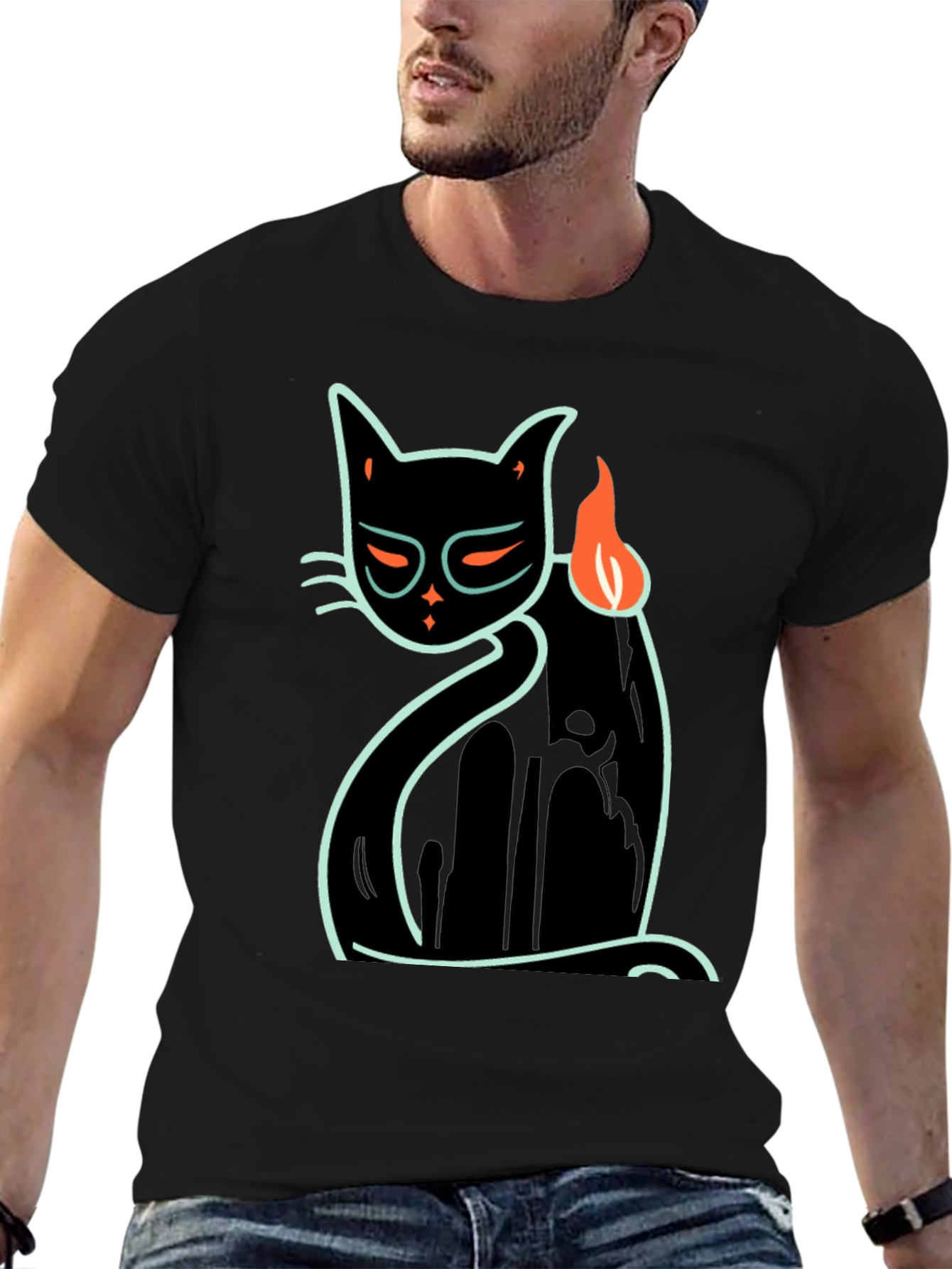 Cool Cat Tee: Black T-Shirt with Neon Cat Design