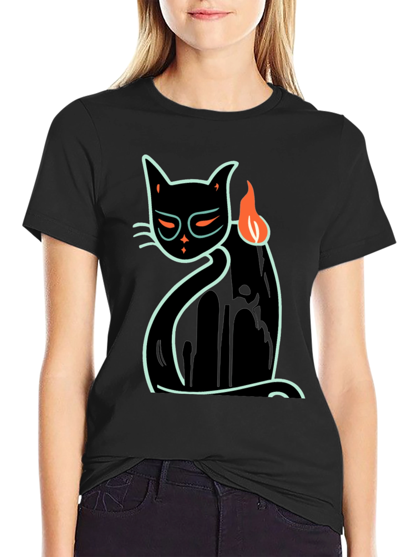 Cool Cat Tee: Black T-Shirt with Neon Cat Design