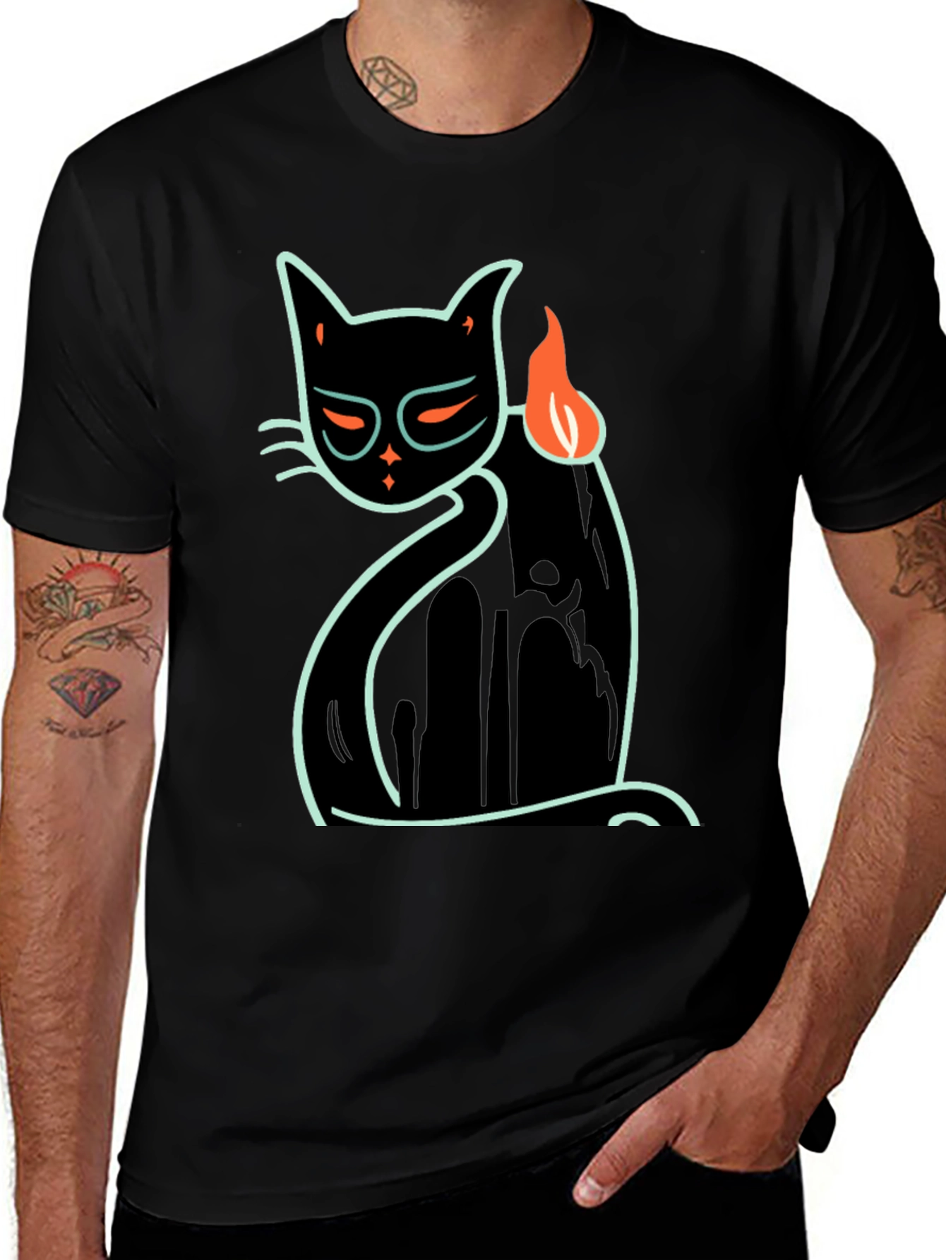 Cool Cat Tee: Black T-Shirt with Neon Cat Design
