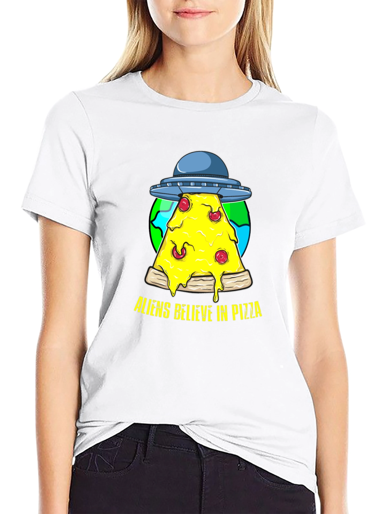 Aliens Believe in Pizza Graphic Tee