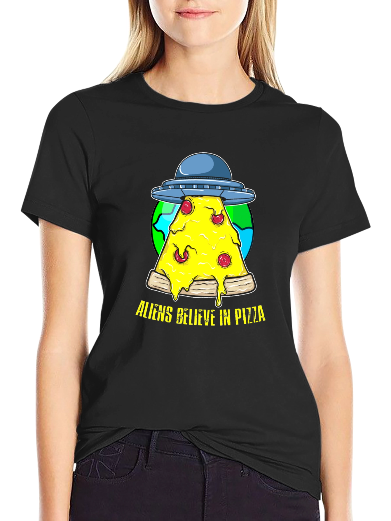 Aliens Believe in Pizza Graphic Tee
