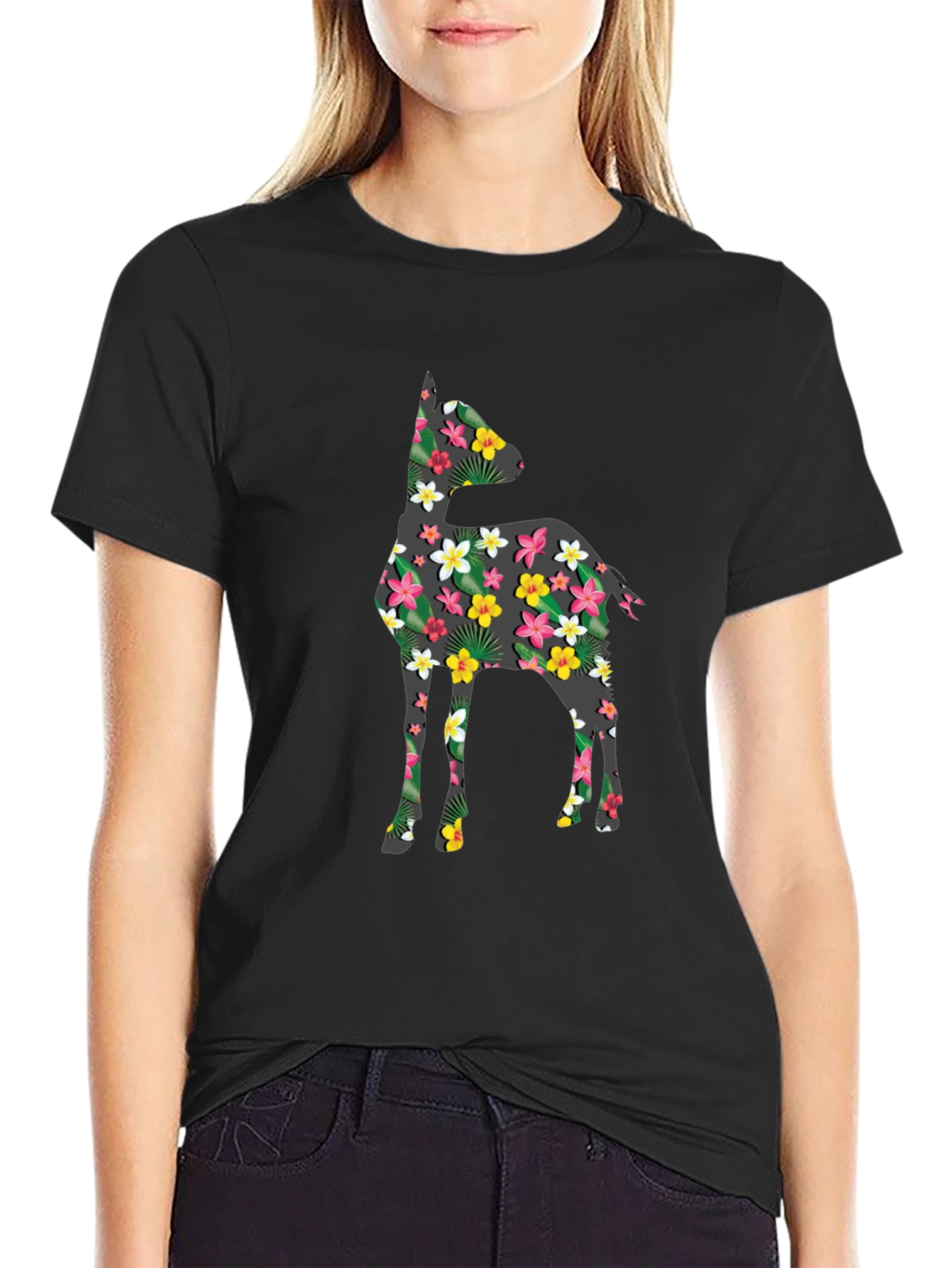 Floral Deer Print Black T-Shirt