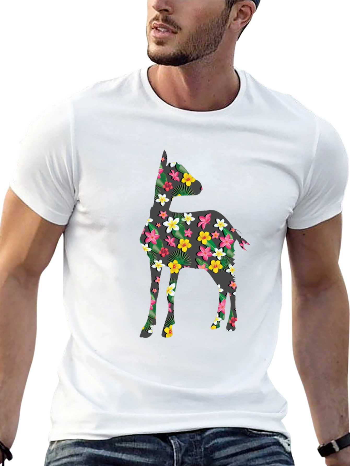 Floral Deer Print Black T-Shirt