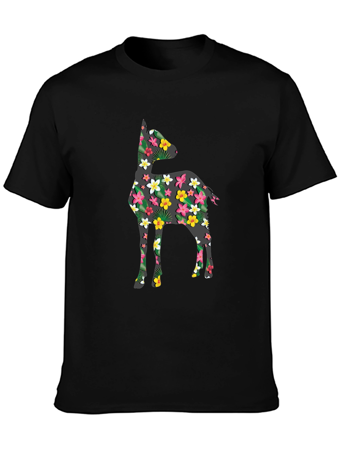 Floral Deer Print Black T-Shirt